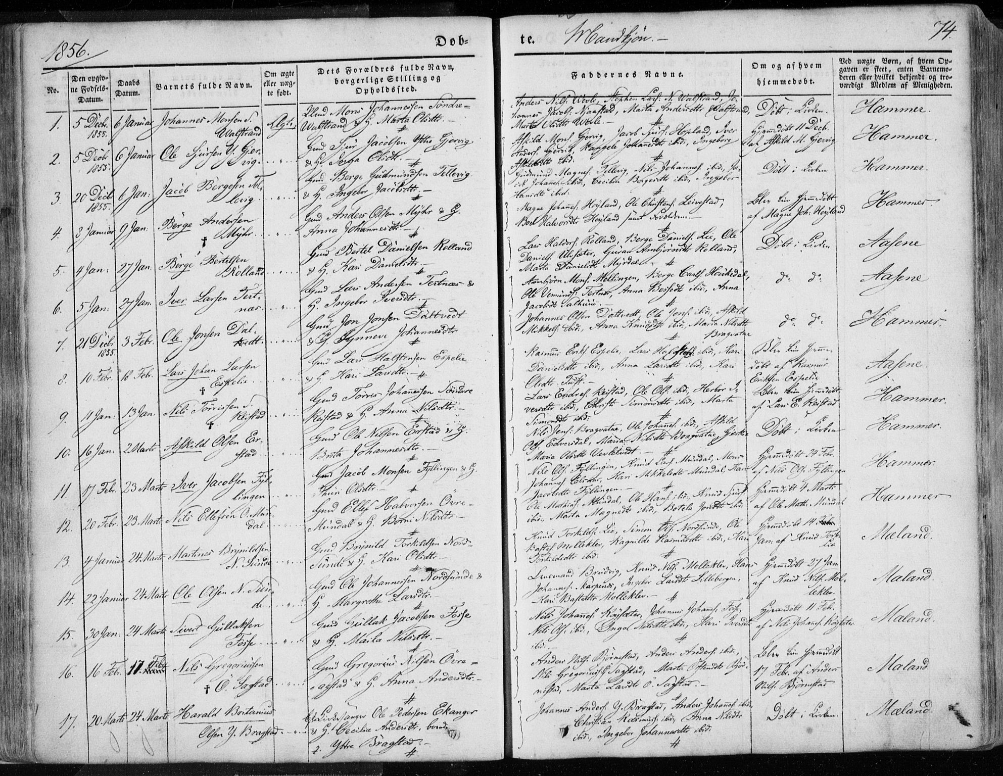 Hamre sokneprestembete, SAB/A-75501/H/Ha/Haa/Haaa/L0013: Parish register (official) no. A 13, 1846-1857, p. 74
