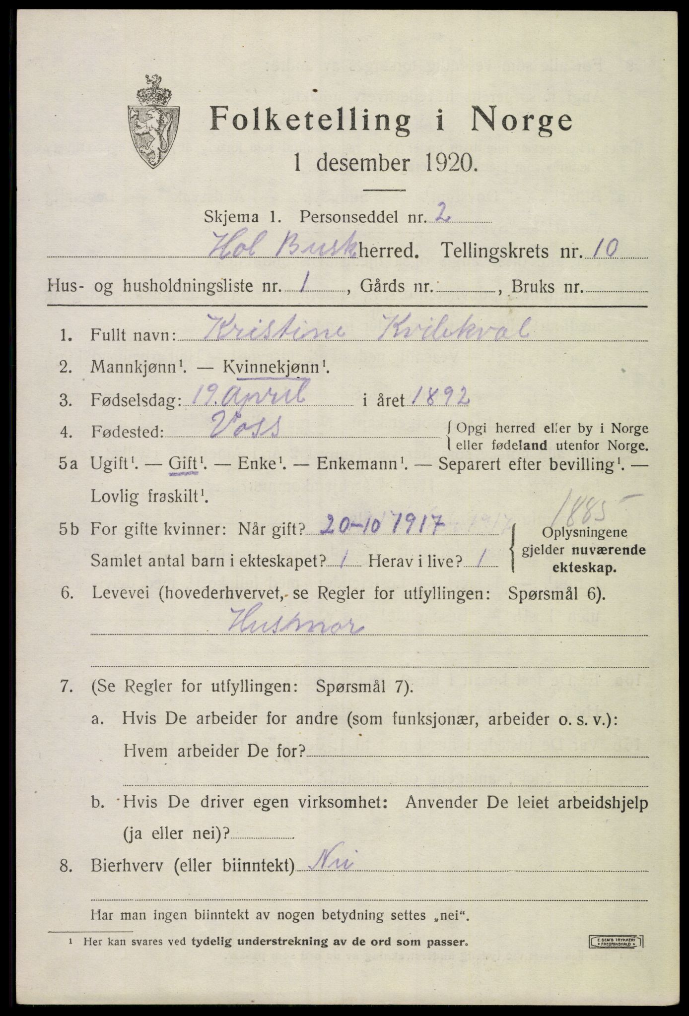 SAKO, 1920 census for Hol (Buskerud), 1920, p. 5305