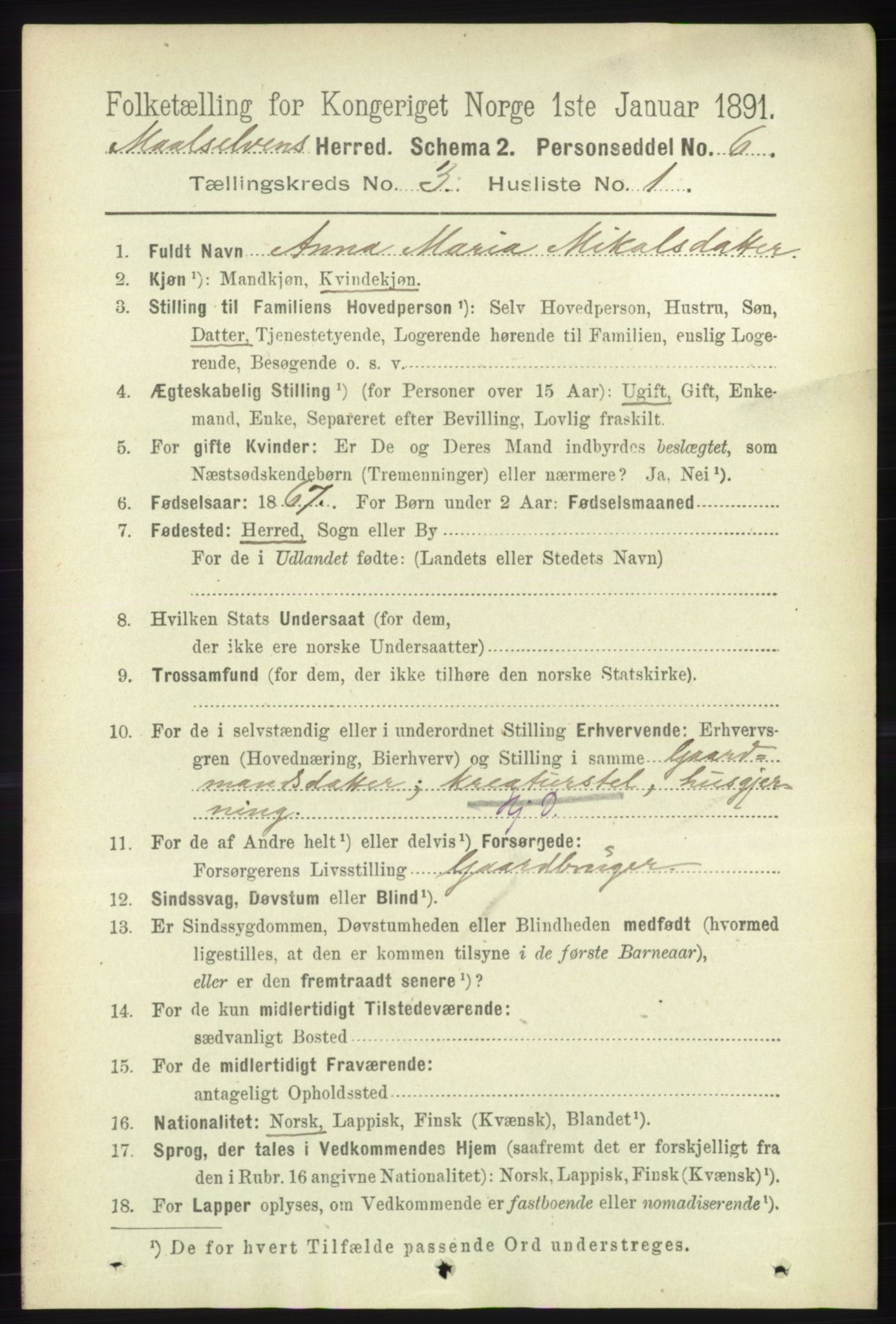 RA, 1891 census for 1924 Målselv, 1891, p. 595