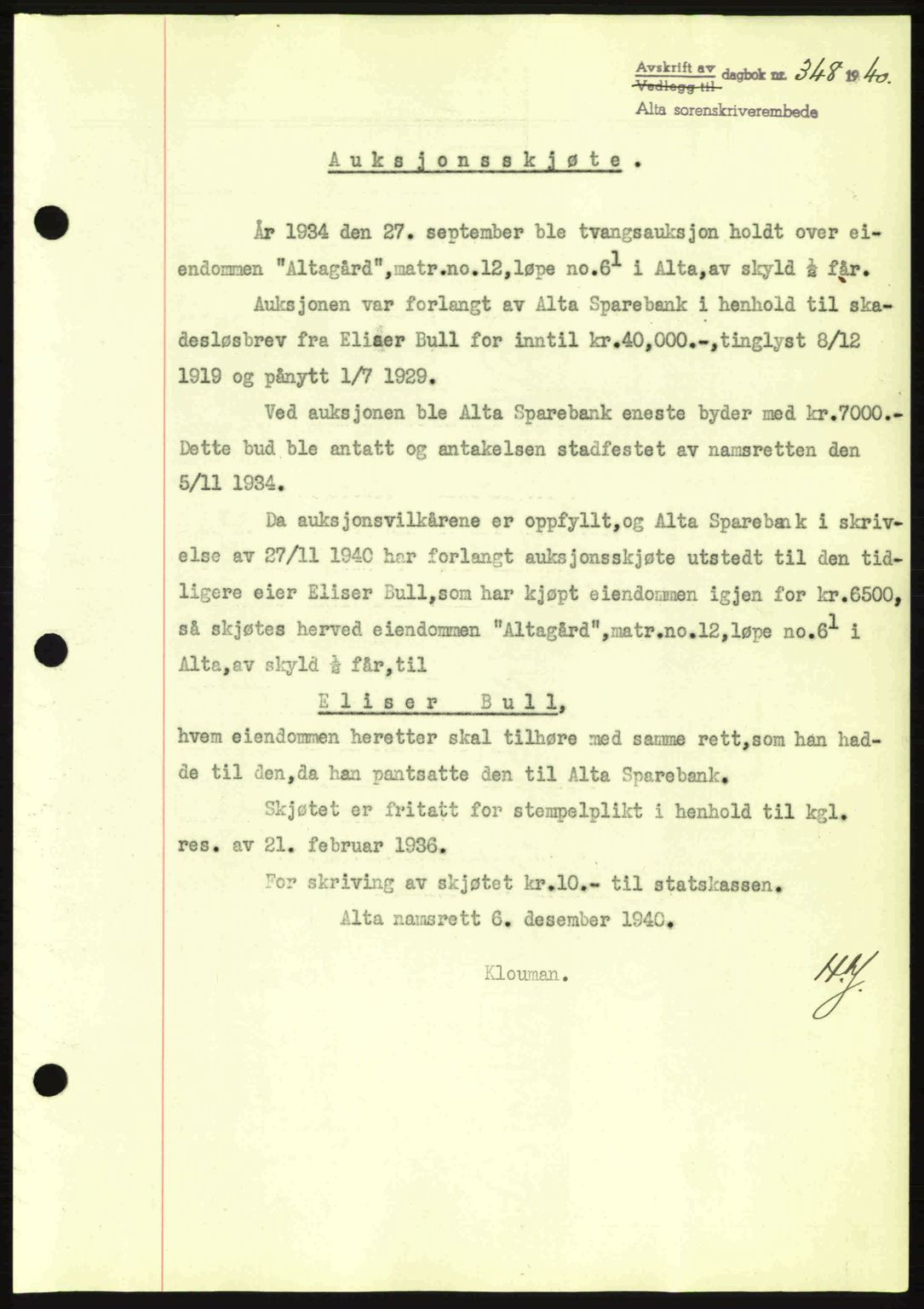 Alta fogderi/sorenskriveri, SATØ/SATØ-5/1/K/Kd/L0033pantebok: Mortgage book no. 33, 1940-1943, Diary no: : 348/1940