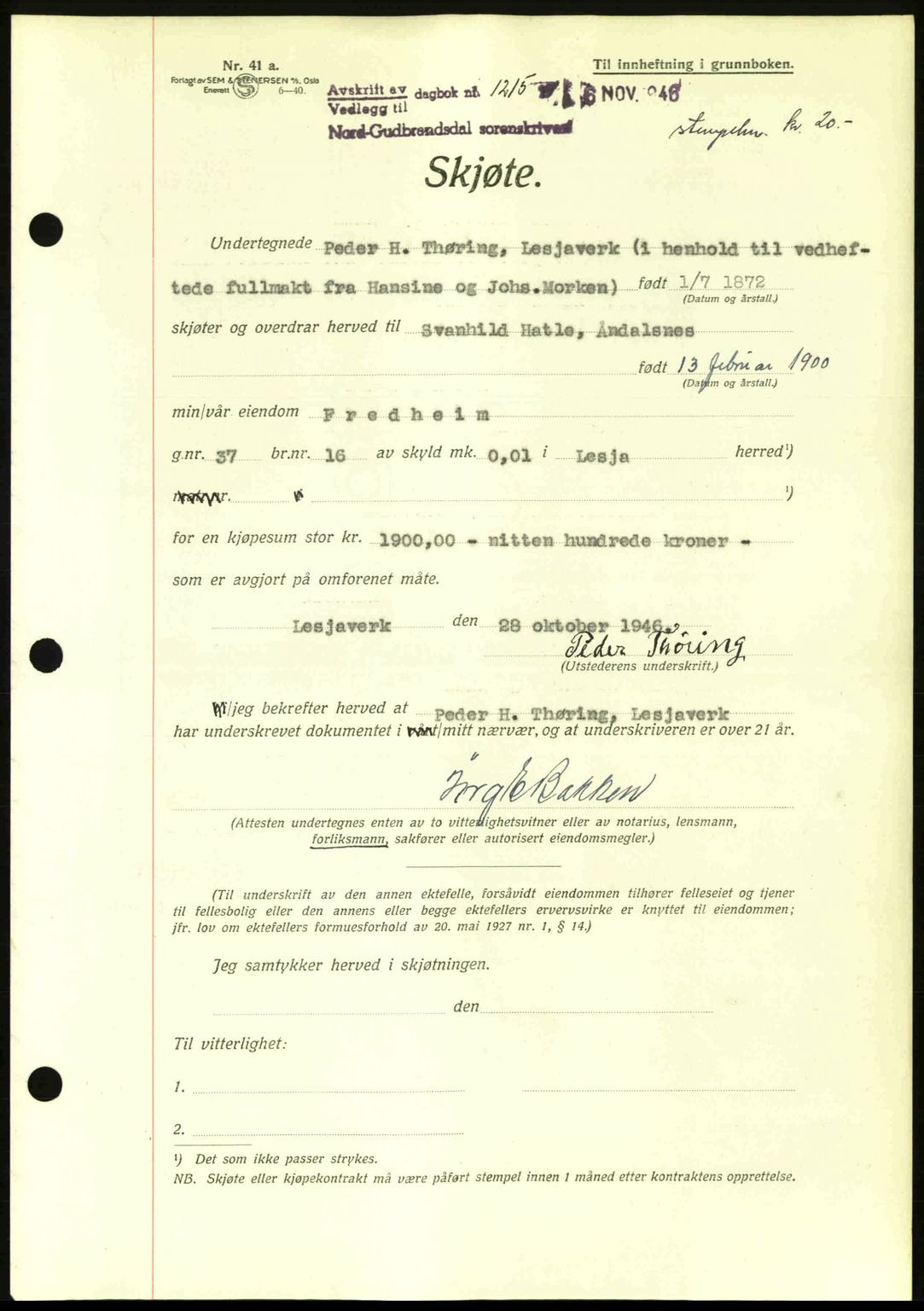 Nord-Gudbrandsdal tingrett, AV/SAH-TING-002/H/Hb/Hbb/L0015: Mortgage book no. FA15, 1946-1946, Diary no: : 1215/1946