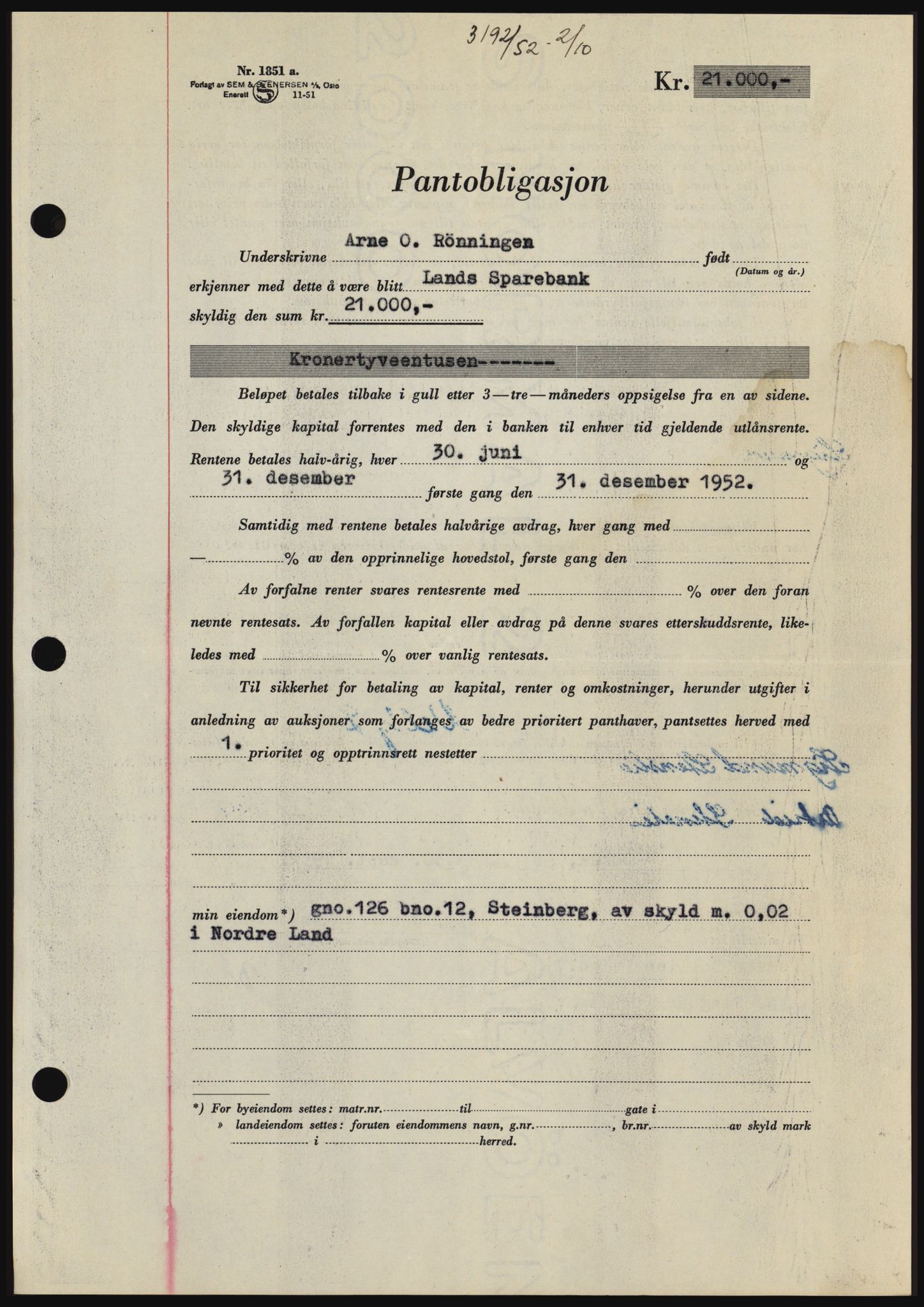 Hadeland og Land tingrett, AV/SAH-TING-010/H/Hb/Hbc/L0025: Mortgage book no. B25, 1952-1953, Diary no: : 3192/1952