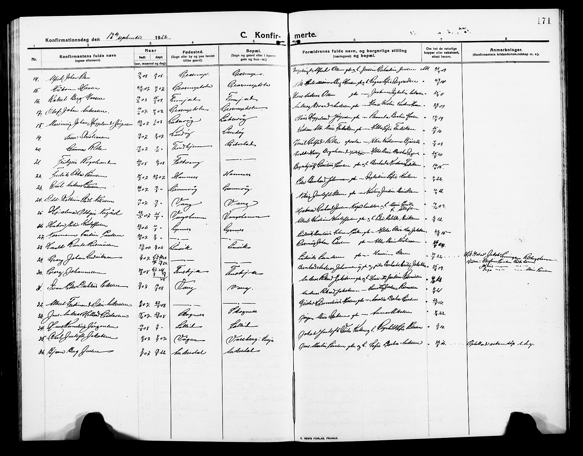 Lenvik sokneprestembete, SATØ/S-1310/H/Ha/Hab/L0009klokker: Parish register (copy) no. 9, 1912-1926, p. 171