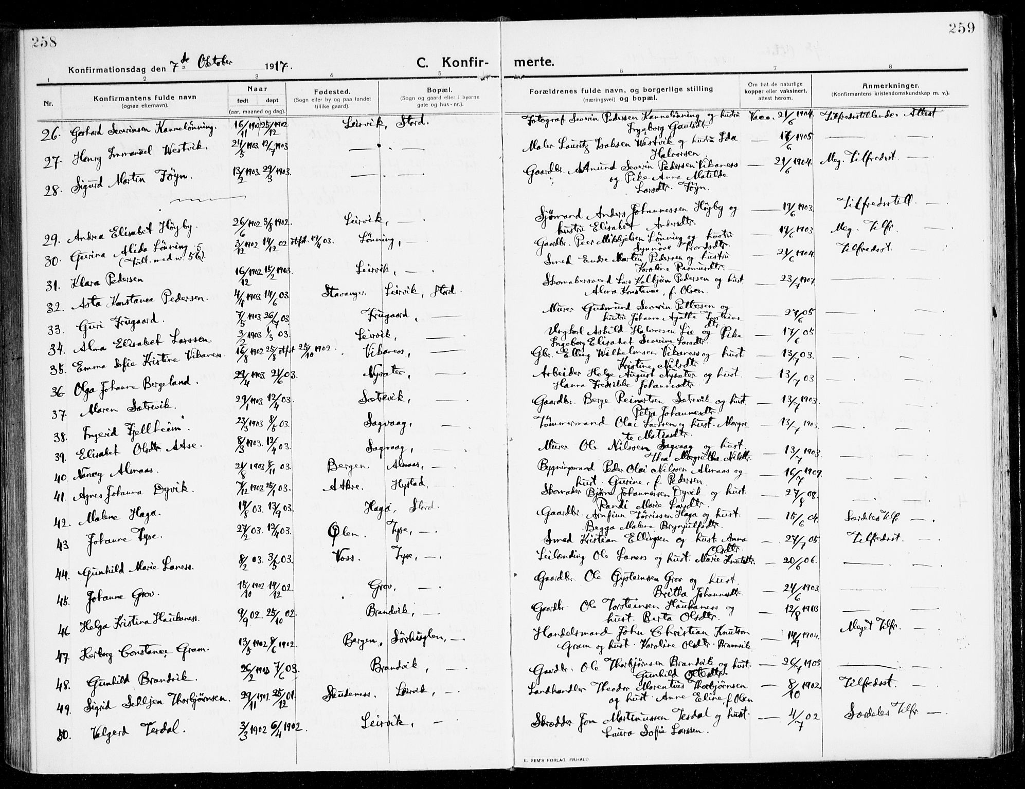 Stord sokneprestembete, AV/SAB-A-78201/H/Haa: Parish register (official) no. B 3, 1913-1925, p. 258-259