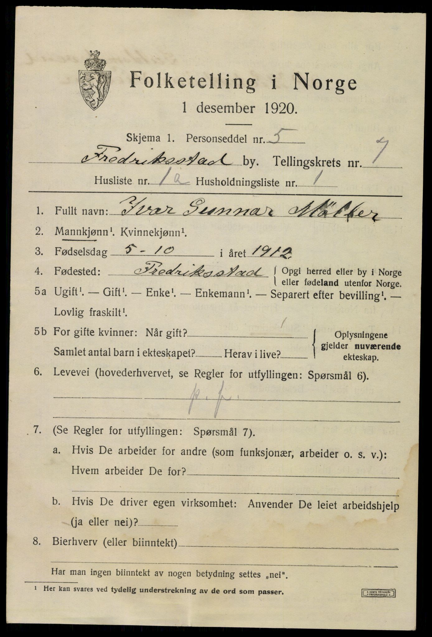 SAO, 1920 census for Fredrikstad, 1920, p. 21849