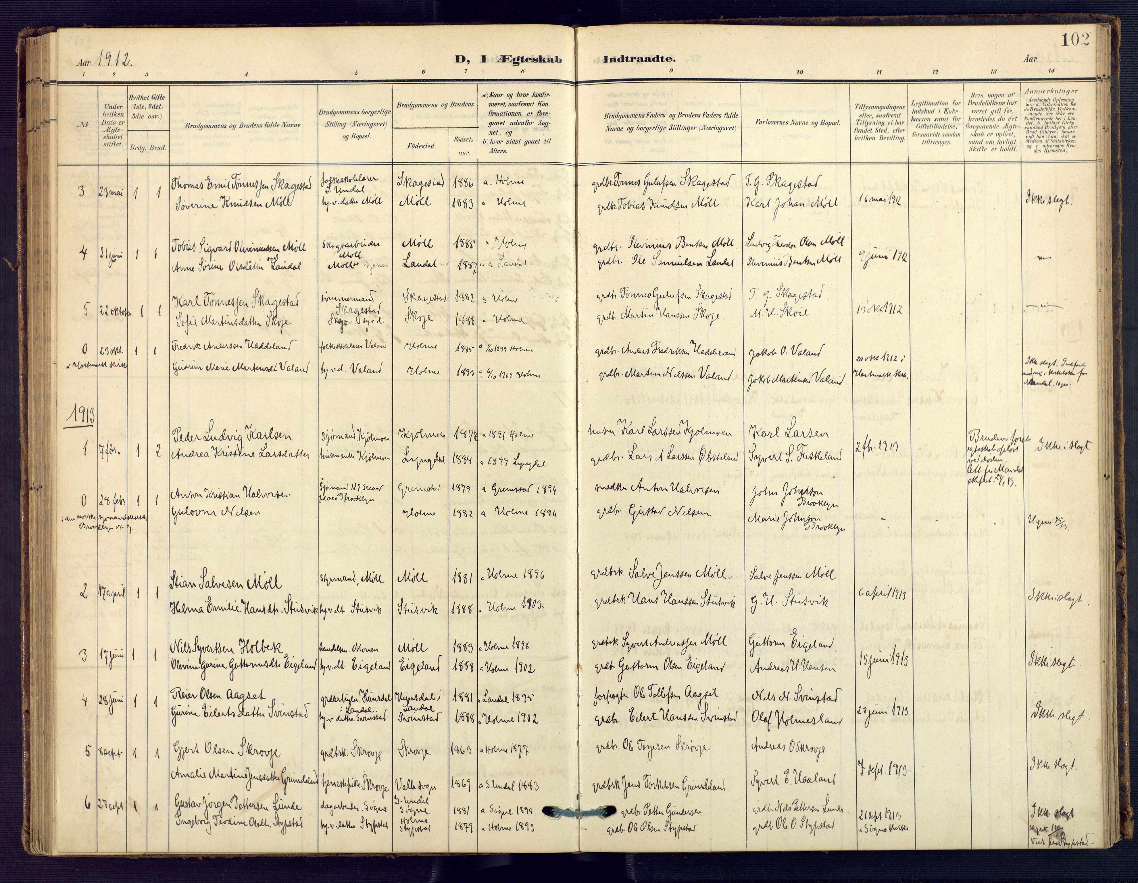 Holum sokneprestkontor, SAK/1111-0022/F/Fa/Faa/L0008: Parish register (official) no. A 8, 1908-1929, p. 102
