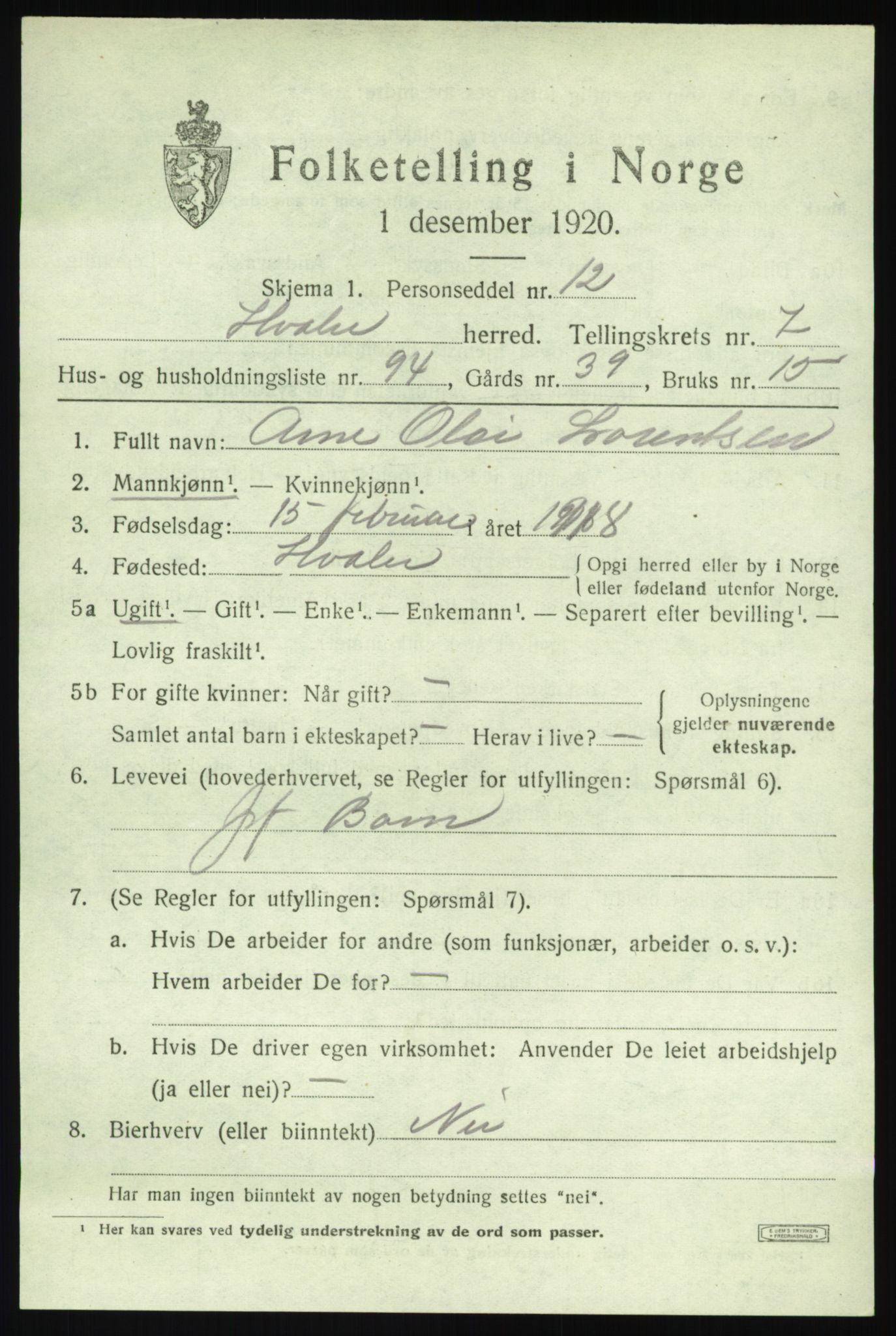 SAO, 1920 census for Hvaler, 1920, p. 7336