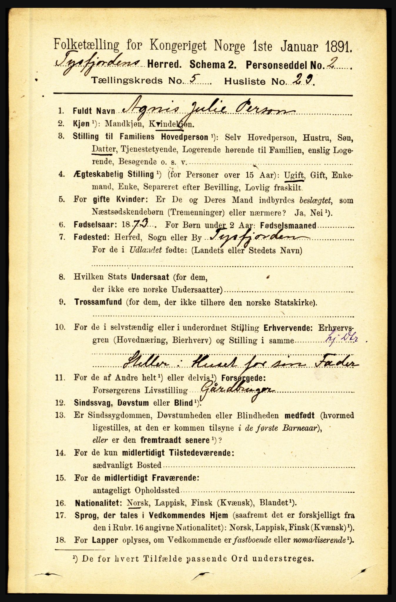 RA, 1891 census for 1850 Tysfjord, 1891, p. 2020