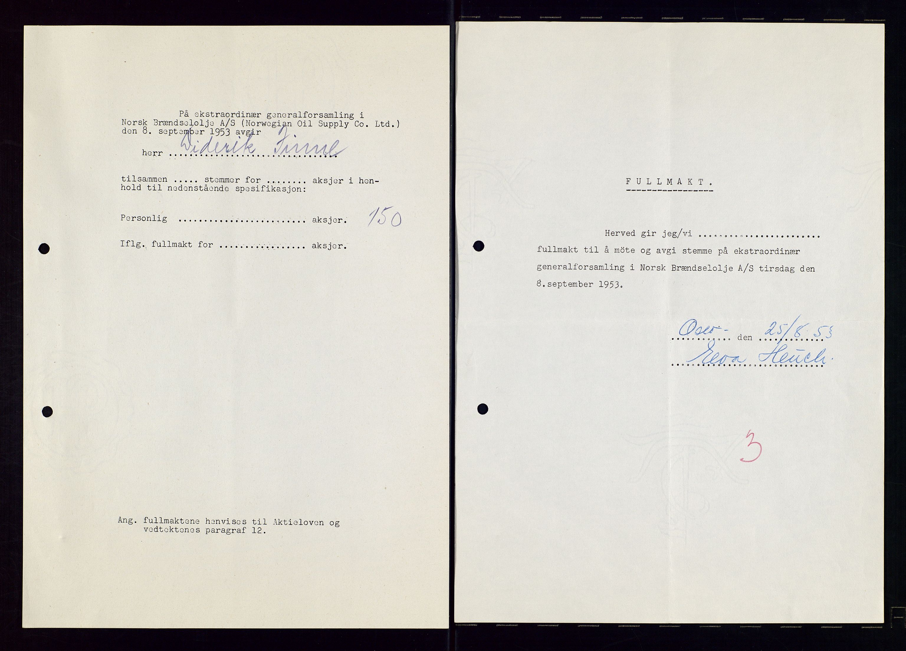 PA 1544 - Norsk Brændselolje A/S, AV/SAST-A-101965/1/A/Aa/L0007/0001: Generalforsamling / Ekstraordinær generalforsamling 1953, generalforsamling 1954, 1953-1954, p. 71