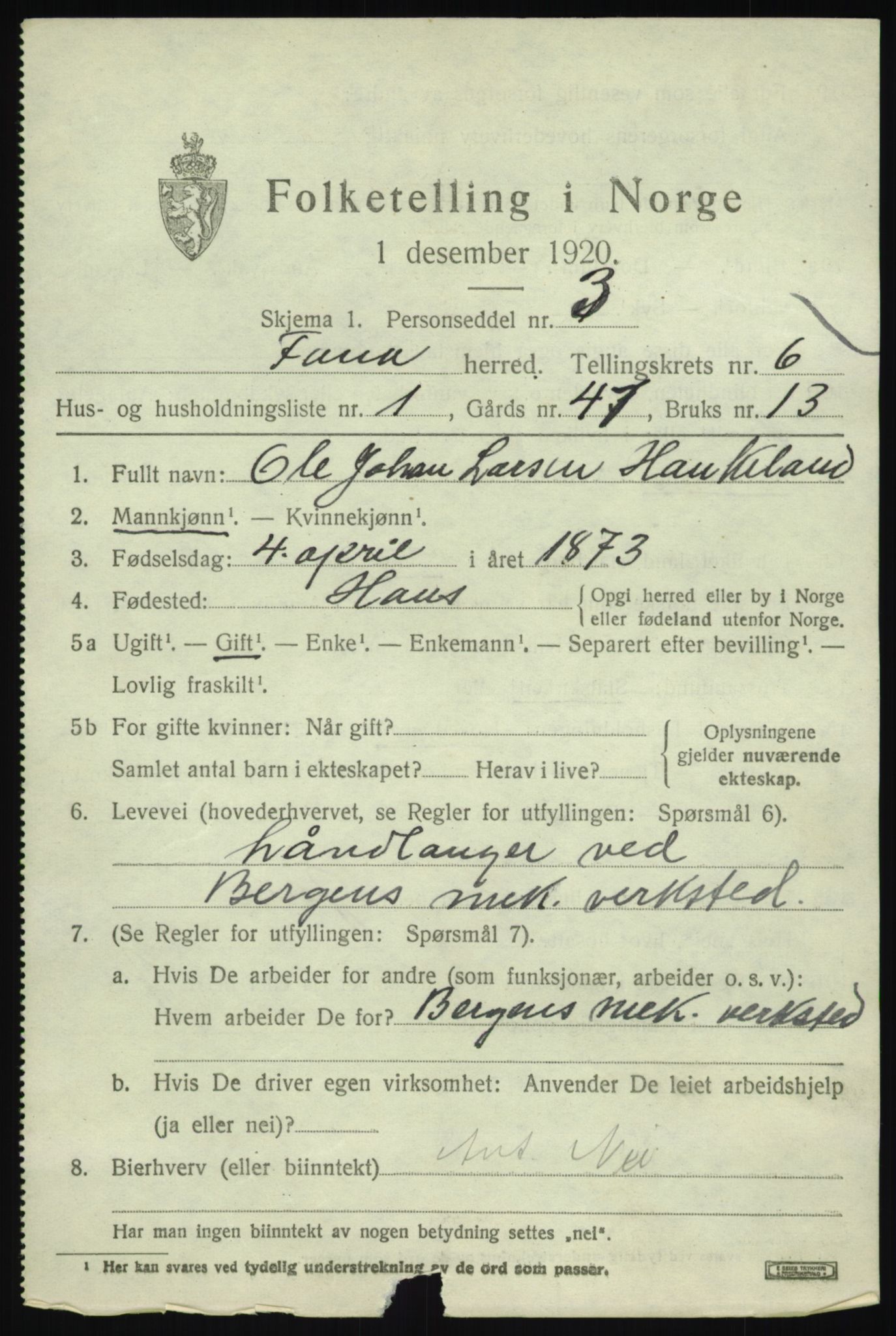 SAB, 1920 census for Fana, 1920, p. 10127