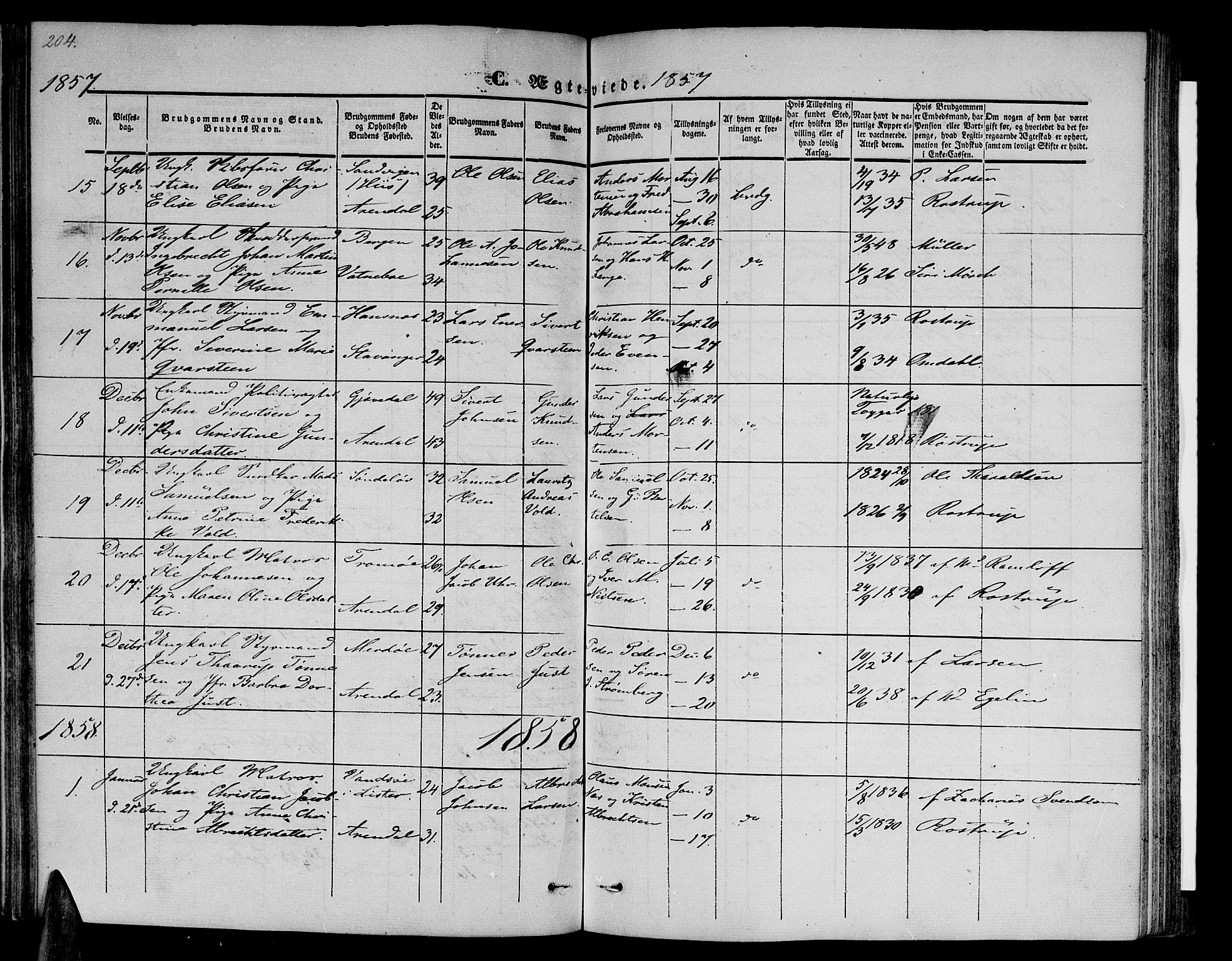 Arendal sokneprestkontor, Trefoldighet, SAK/1111-0040/F/Fb/L0002: Parish register (copy) no. B 2, 1838-1860, p. 204