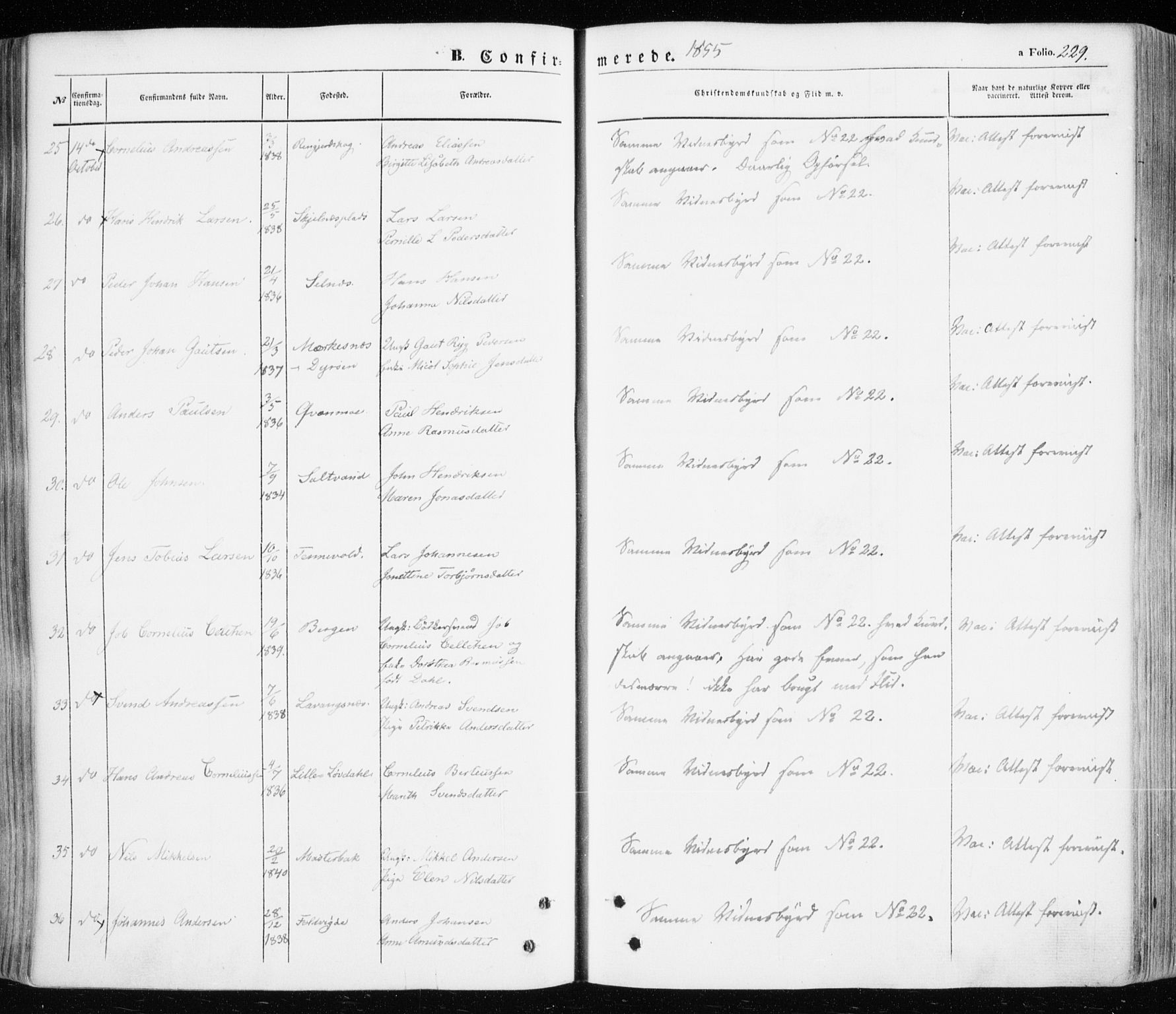 Ibestad sokneprestembete, AV/SATØ-S-0077/H/Ha/Haa/L0008kirke: Parish register (official) no. 8, 1850-1859, p. 229