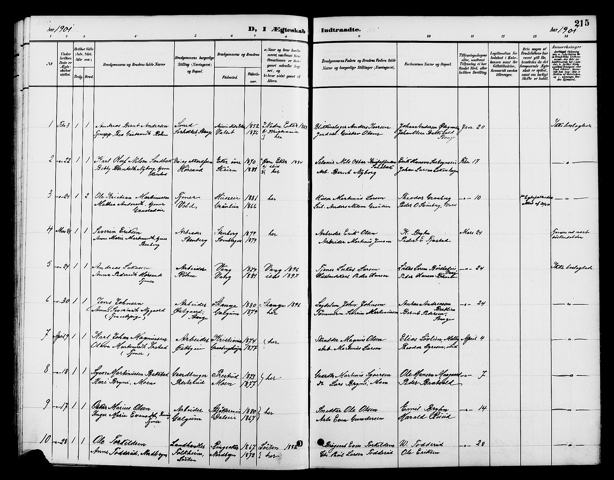 Romedal prestekontor, SAH/PREST-004/L/L0012: Parish register (copy) no. 12, 1896-1914, p. 215