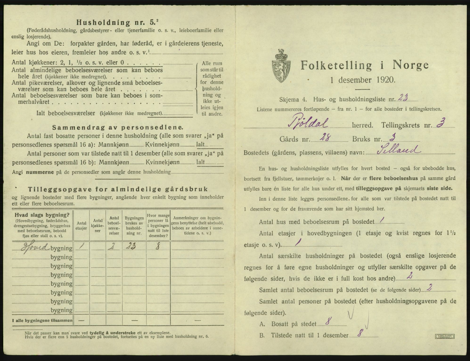 SAB, 1920 census for Røldal, 1920, p. 325