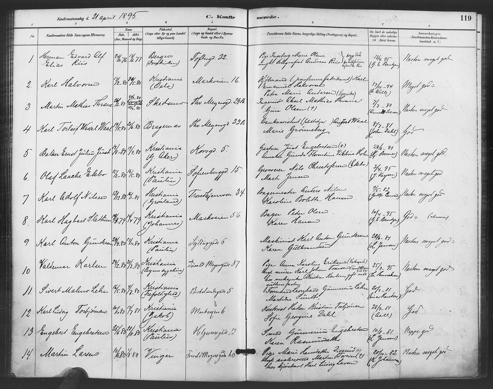 Paulus prestekontor Kirkebøker, AV/SAO-A-10871/F/Fa/L0006: Parish register (official) no. 6, 1889-1896, p. 119