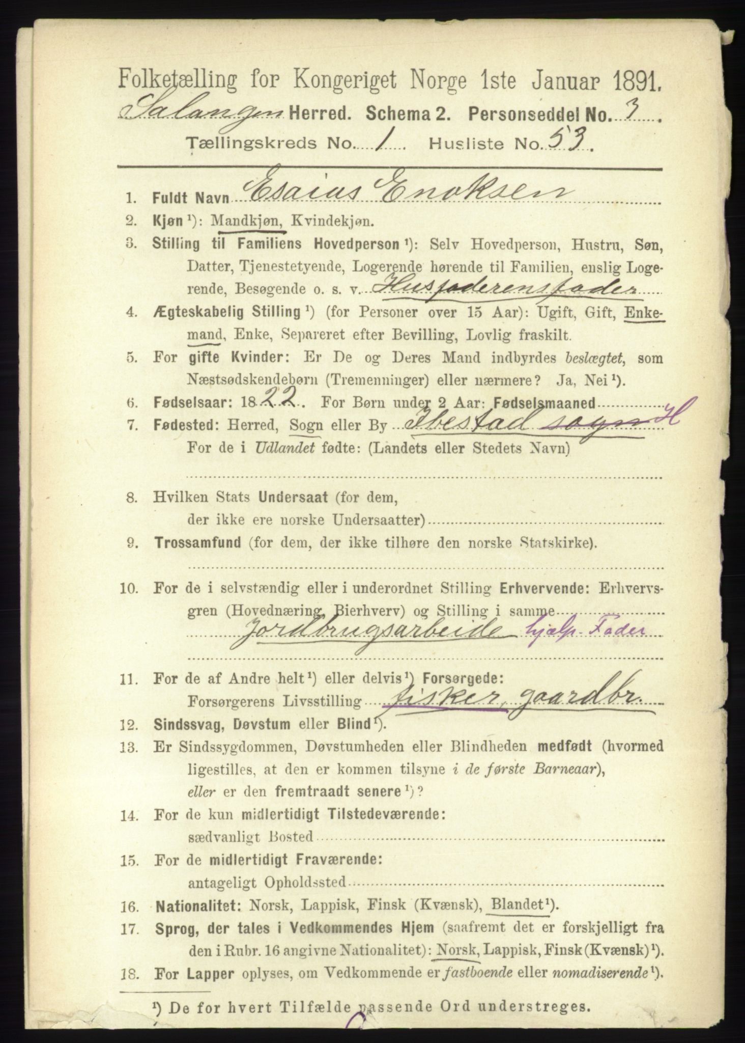 RA, 1891 census for 1921 Salangen, 1891, p. 453