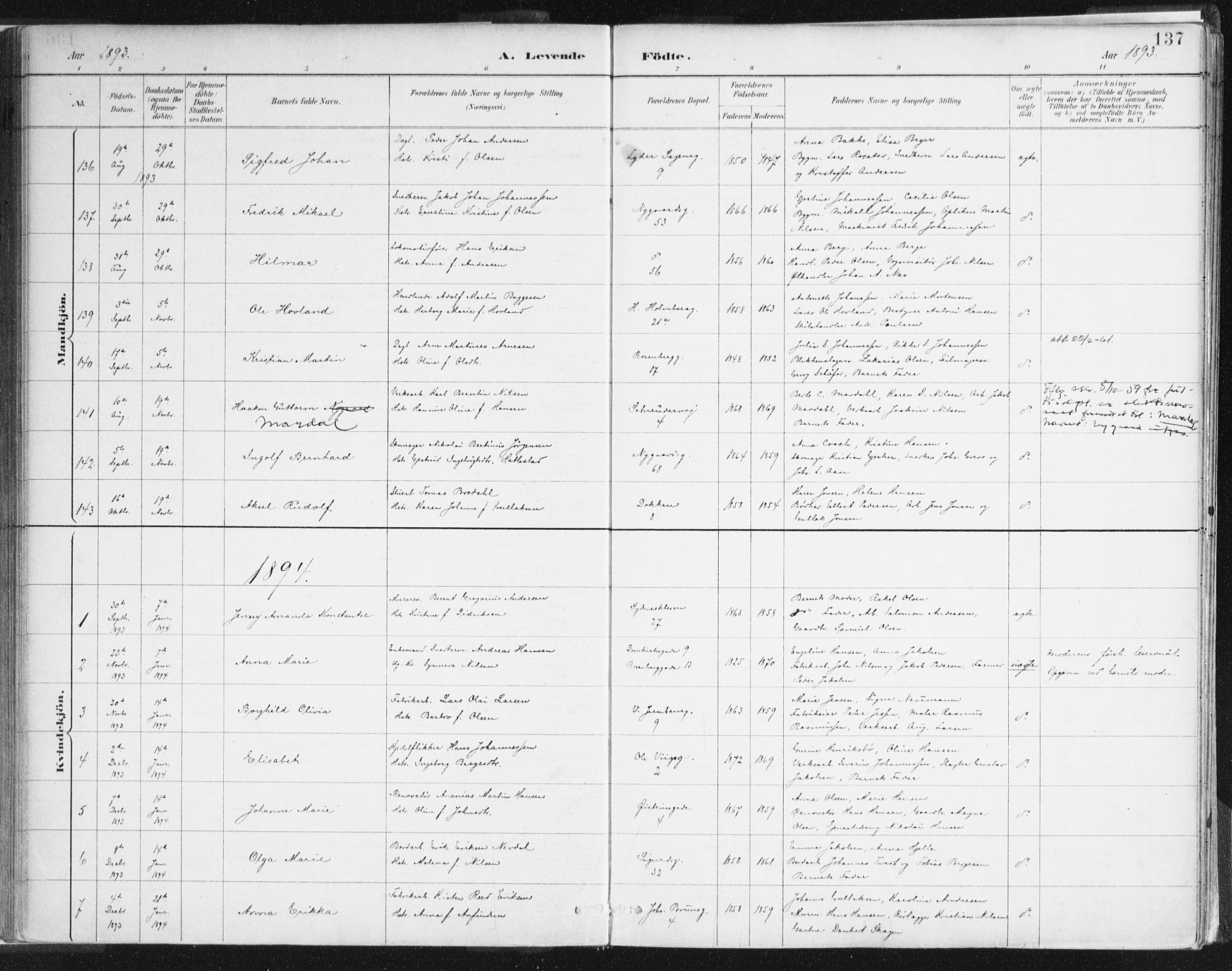 Johanneskirken sokneprestembete, SAB/A-76001/H/Haa/L0001: Parish register (official) no. A 1, 1885-1900, p. 137