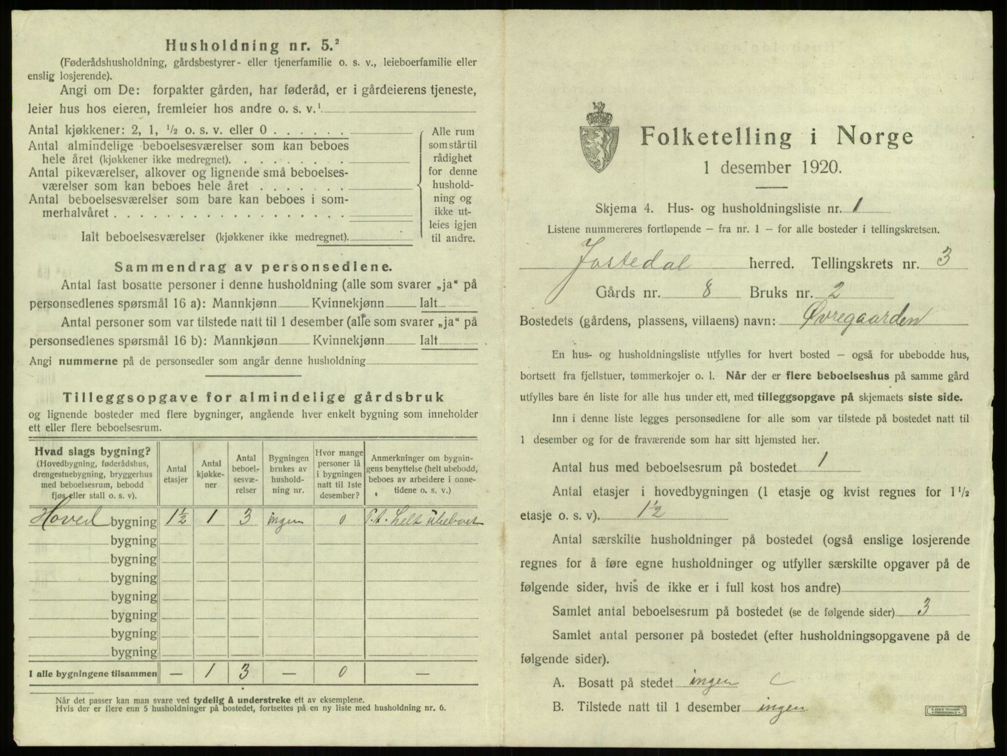 SAB, 1920 census for Jostedal, 1920, p. 130