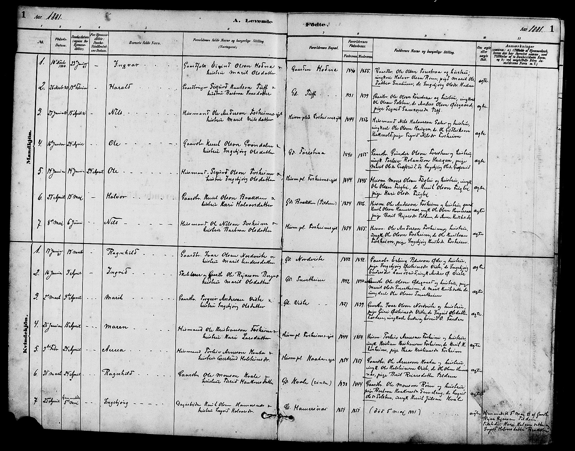 Vestre Slidre prestekontor, SAH/PREST-136/H/Ha/Hab/L0005: Parish register (copy) no. 5, 1881-1913, p. 1