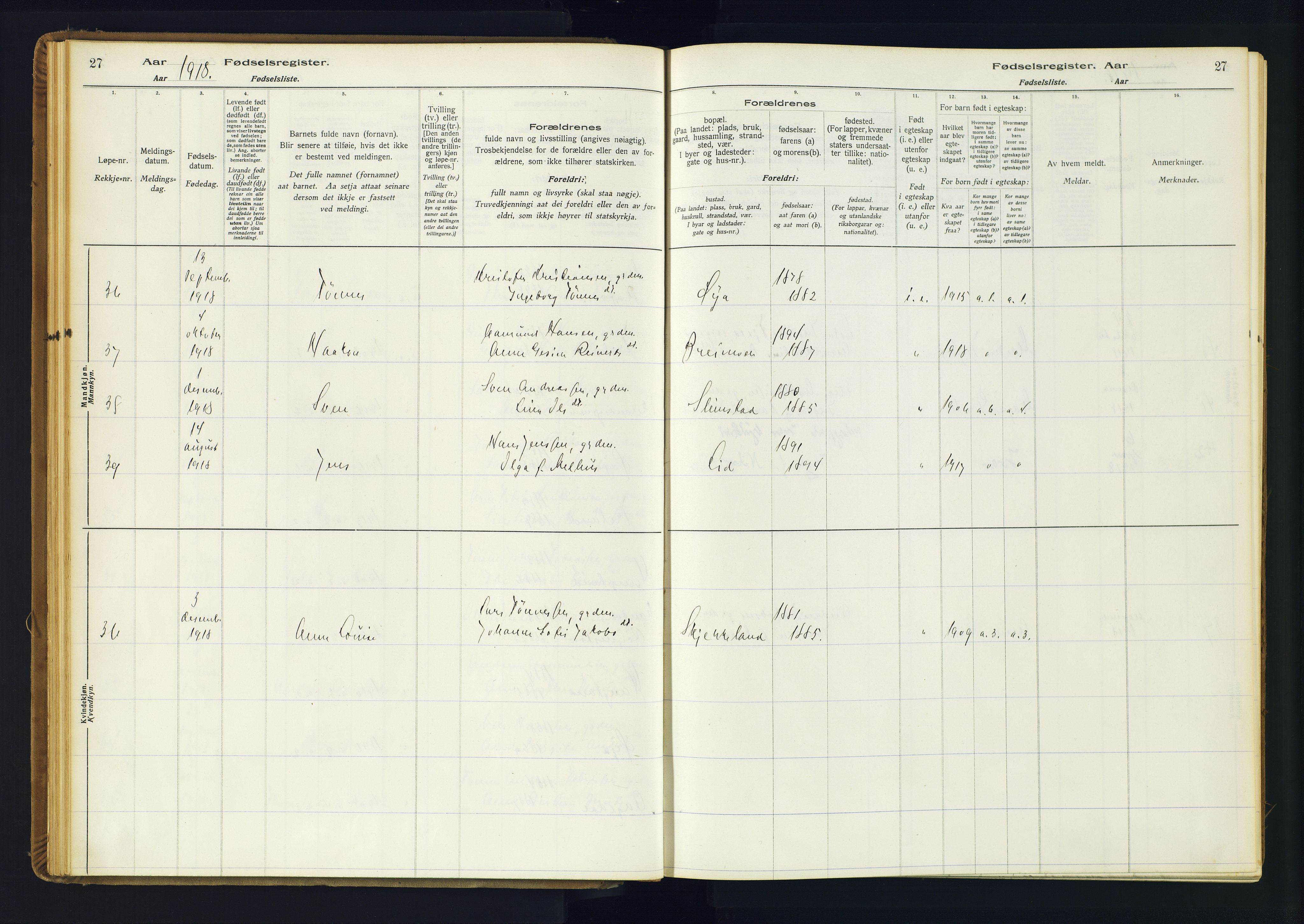Kvinesdal sokneprestkontor, AV/SAK-1111-0026/J/Ja/L0001: Birth register no. 1, 1916-1941, p. 27