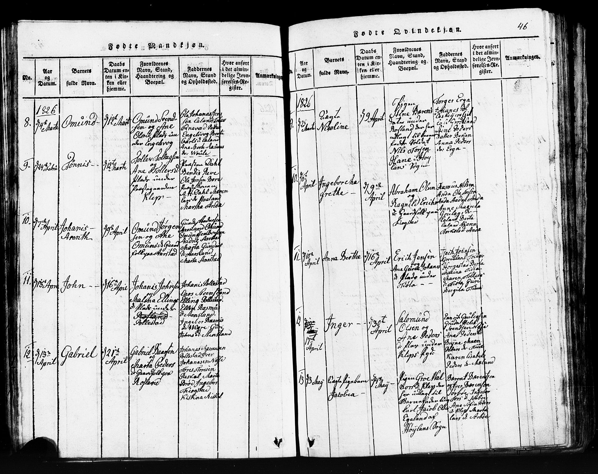 Klepp sokneprestkontor, SAST/A-101803/001/3/30BB/L0001: Parish register (copy) no.  B 1, 1816-1859, p. 46