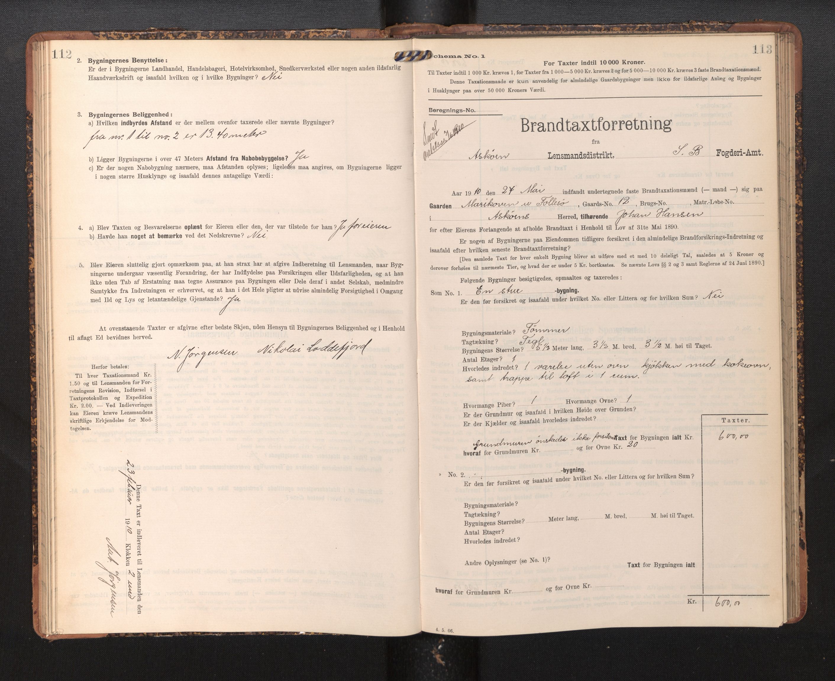 Lensmannen i Askøy, AV/SAB-A-31001/0012/L0005: Branntakstprotokoll, skjematakst, 1907-1915, p. 112-113