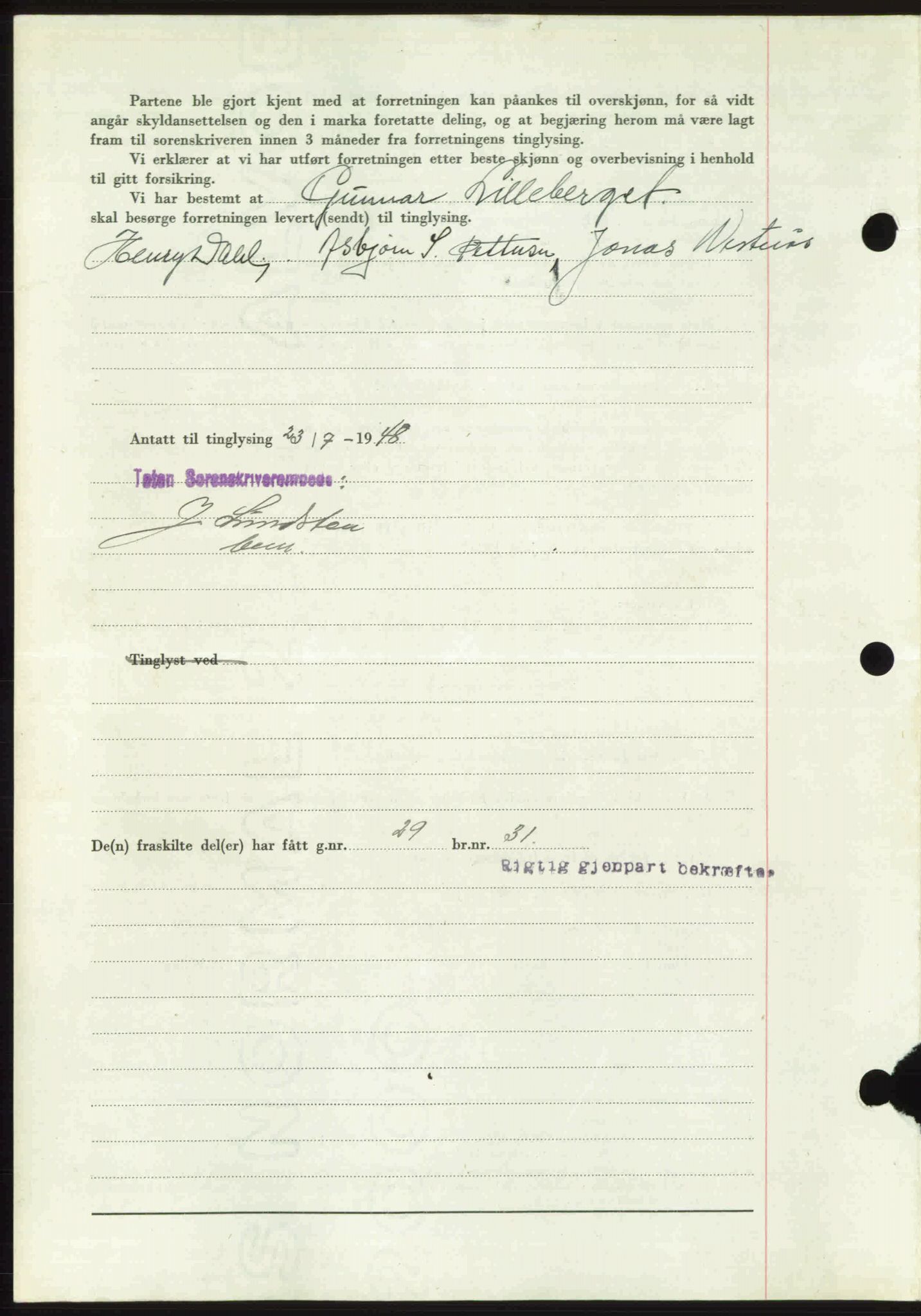 Toten tingrett, SAH/TING-006/H/Hb/Hbc/L0020: Mortgage book no. Hbc-20, 1948-1948, Diary no: : 2299/1948