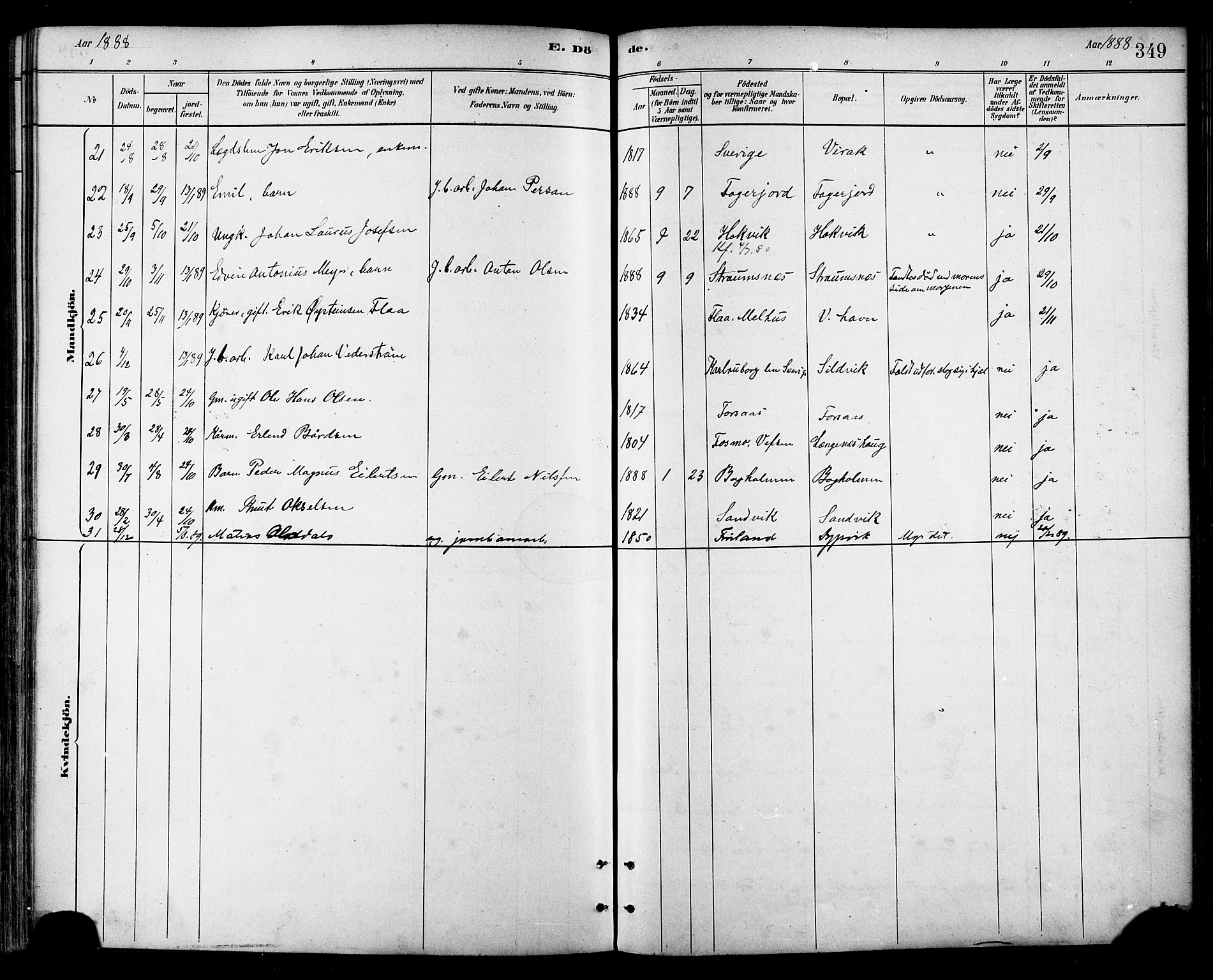 Ministerialprotokoller, klokkerbøker og fødselsregistre - Nordland, AV/SAT-A-1459/866/L0938: Parish register (official) no. 866A01, 1879-1893, p. 349