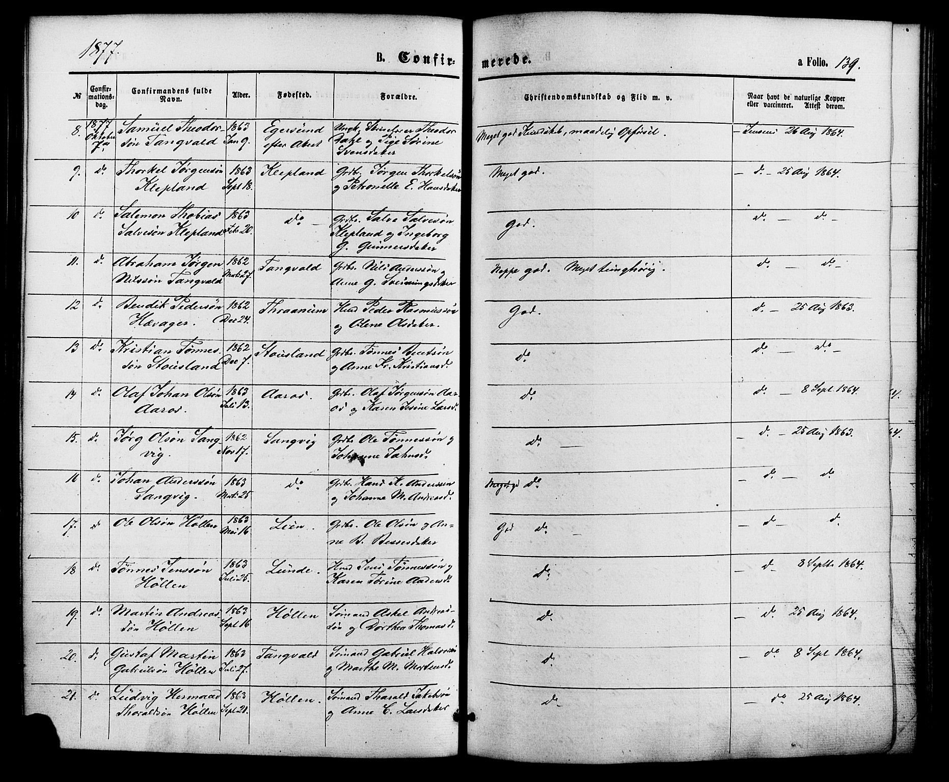 Søgne sokneprestkontor, SAK/1111-0037/F/Fa/Fab/L0011: Parish register (official) no. A 11, 1869-1879, p. 139