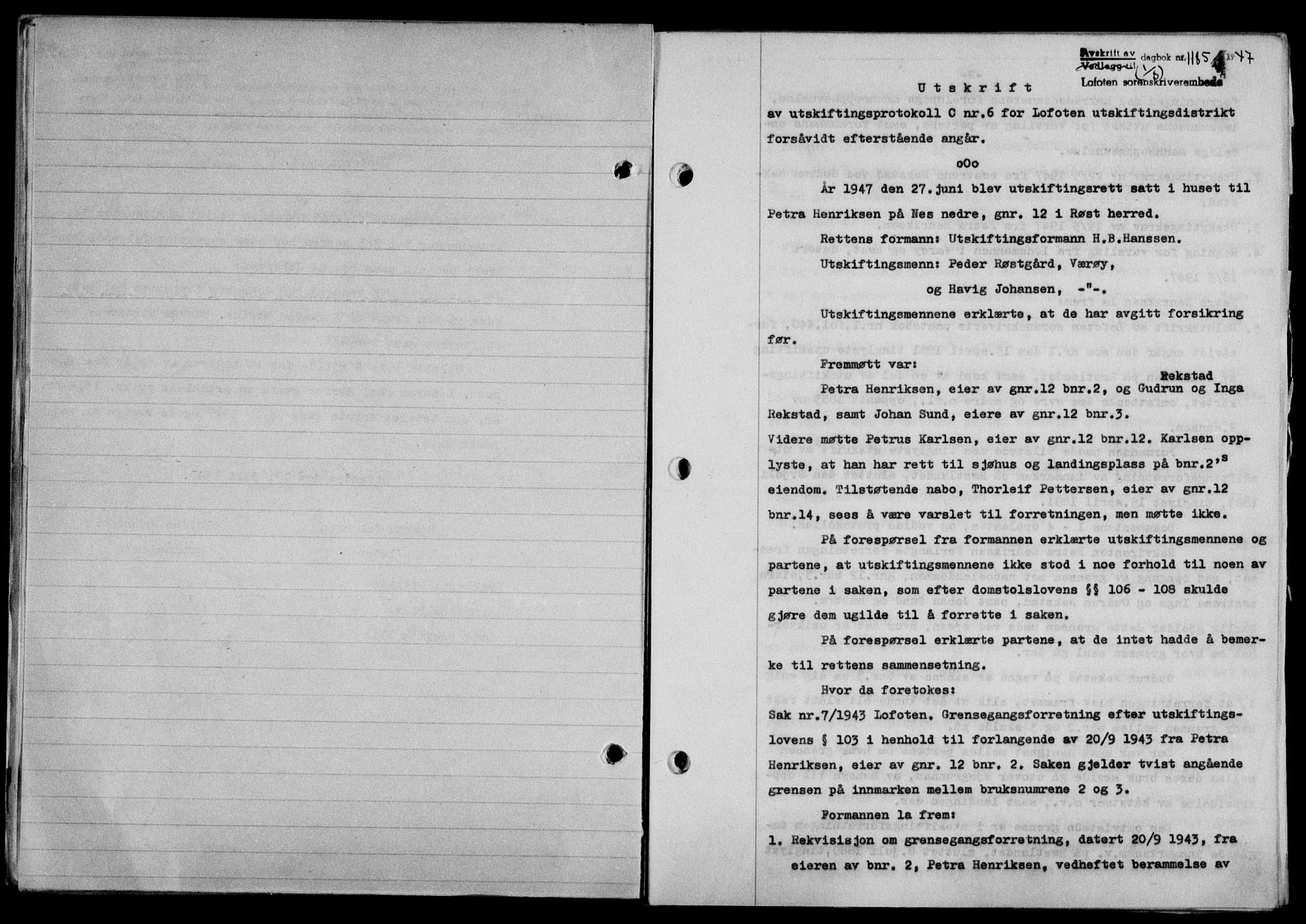Lofoten sorenskriveri, SAT/A-0017/1/2/2C/L0016a: Mortgage book no. 16a, 1947-1947, Diary no: : 1185/1947