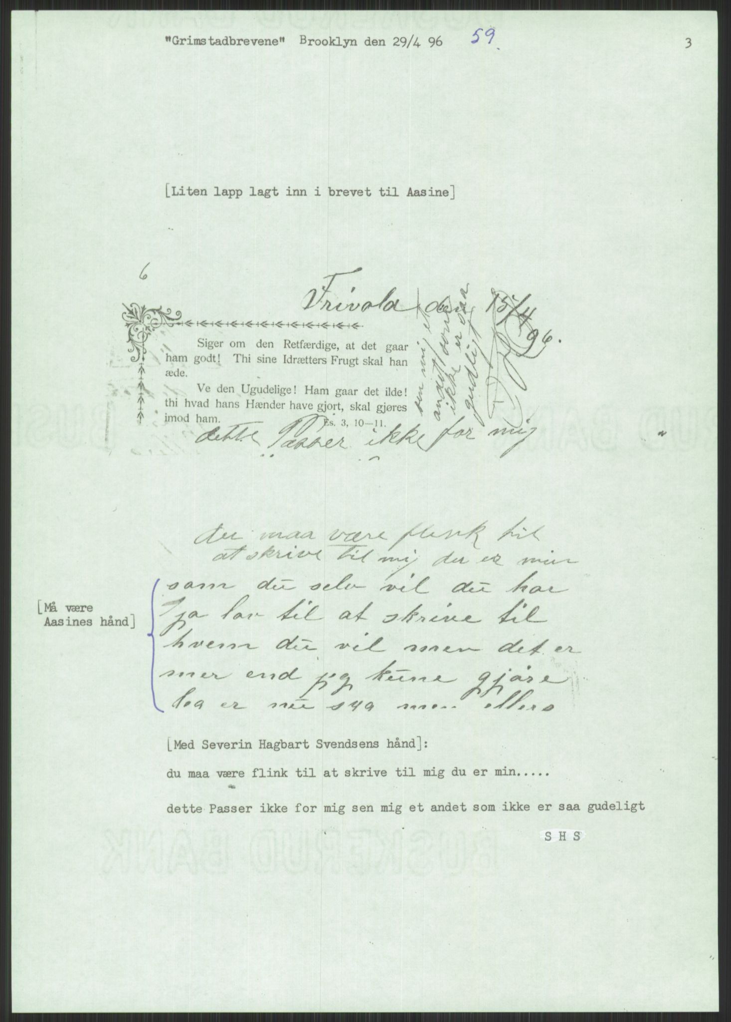 Samlinger til kildeutgivelse, Amerikabrevene, RA/EA-4057/F/L0025: Innlån fra Aust-Agder: Aust-Agder-Arkivet, Grimstadbrevene, 1838-1914, p. 607