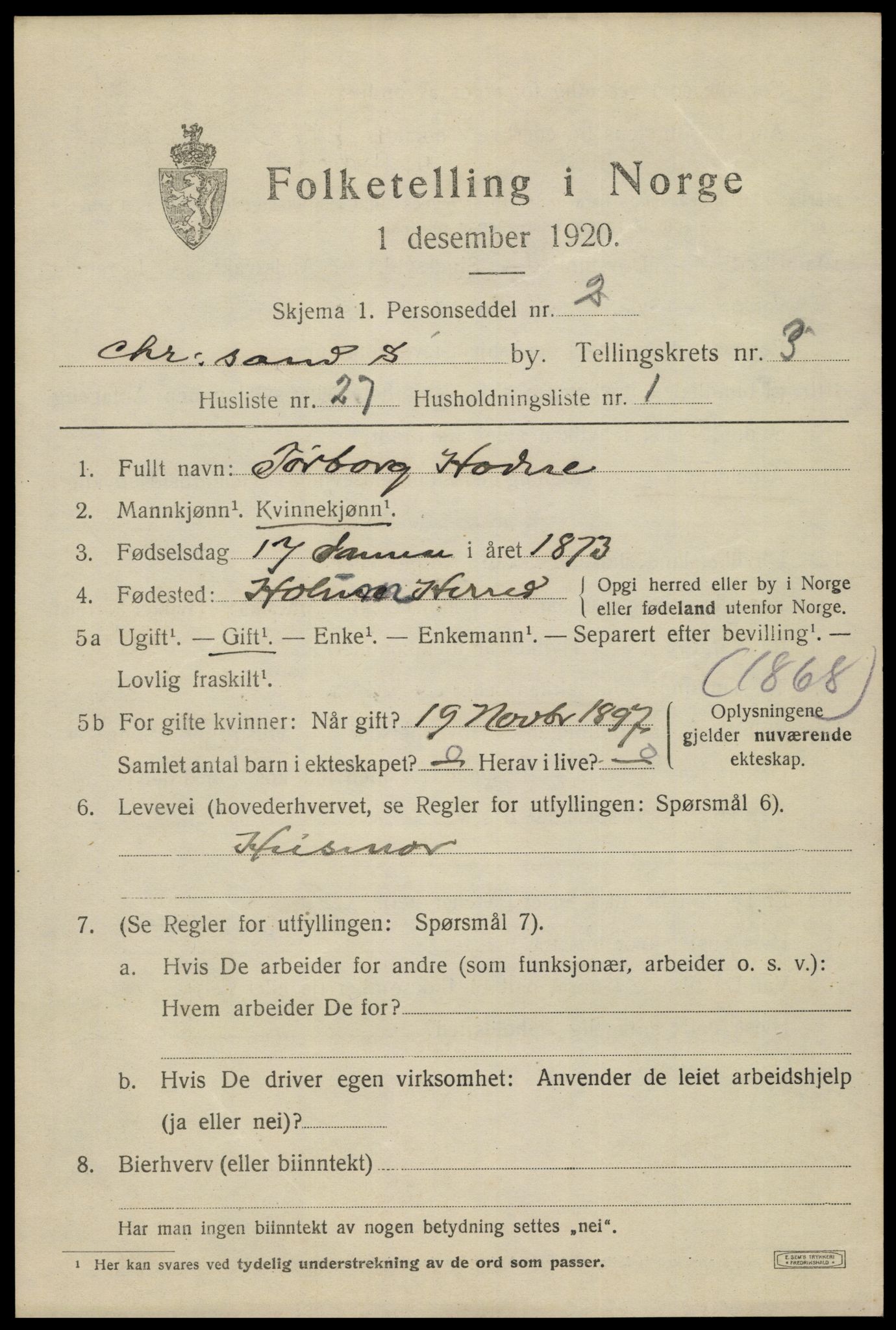 SAK, 1920 census for Kristiansand, 1920, p. 14365
