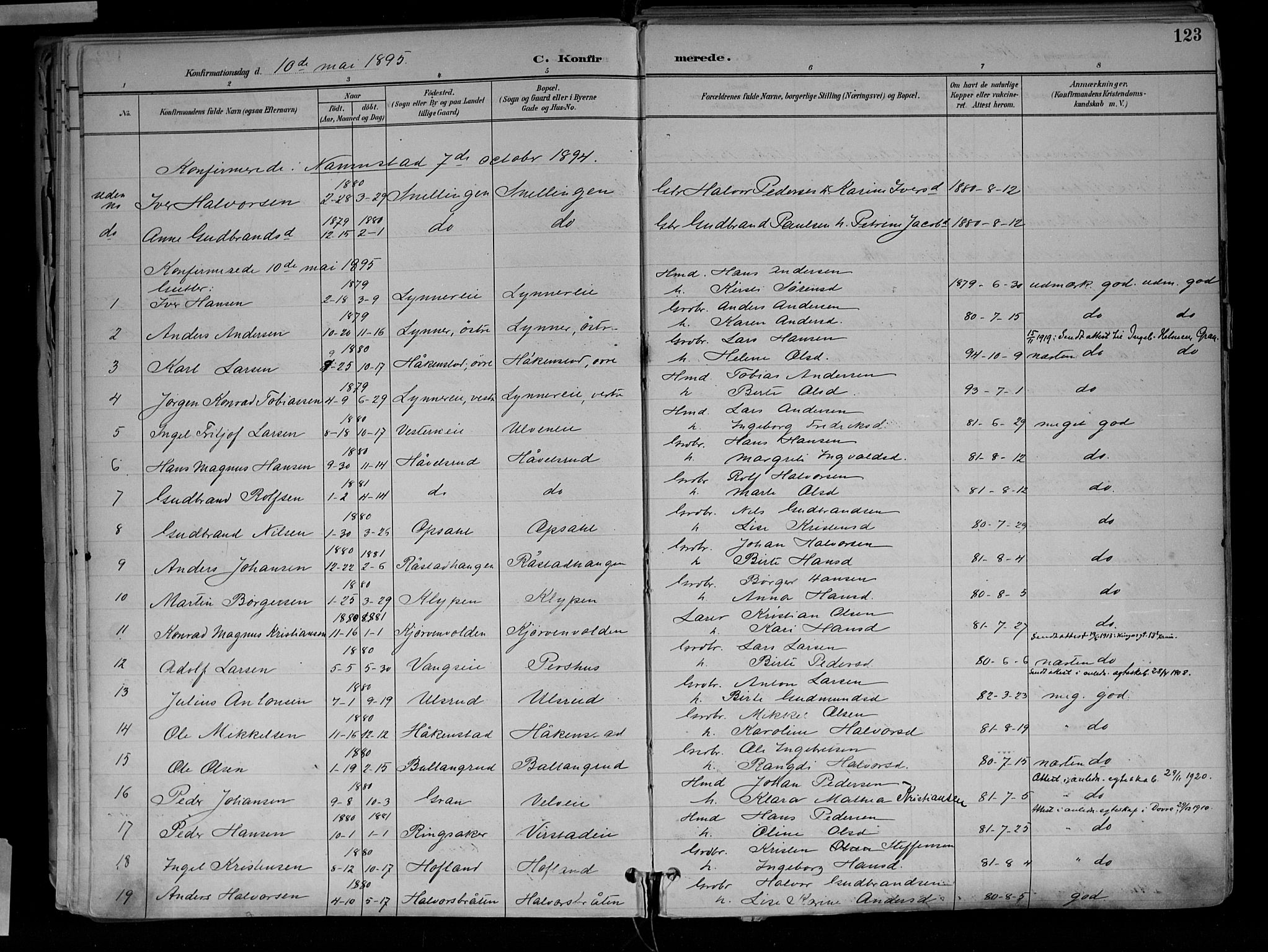 Jevnaker prestekontor, SAH/PREST-116/H/Ha/Haa/L0010: Parish register (official) no. 10, 1891-1906, p. 123