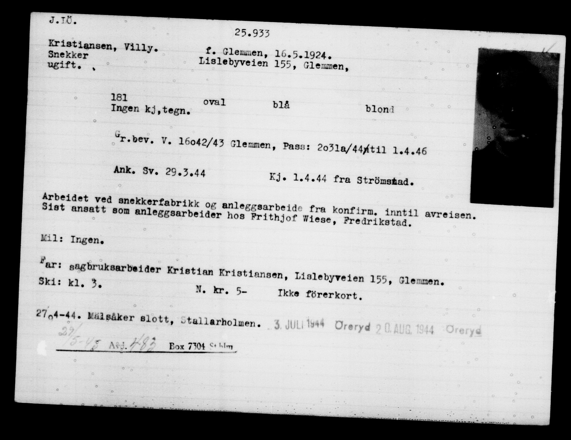 Utenriksstasjonene, Legasjonen i Stockholm, Flyktningkontoret, AV/RA-S-6753/V/Va/L0011: Kjesäterkartoteket, flyktninger med registreringsnr. 25300-28349, 1940-1945, p. 661