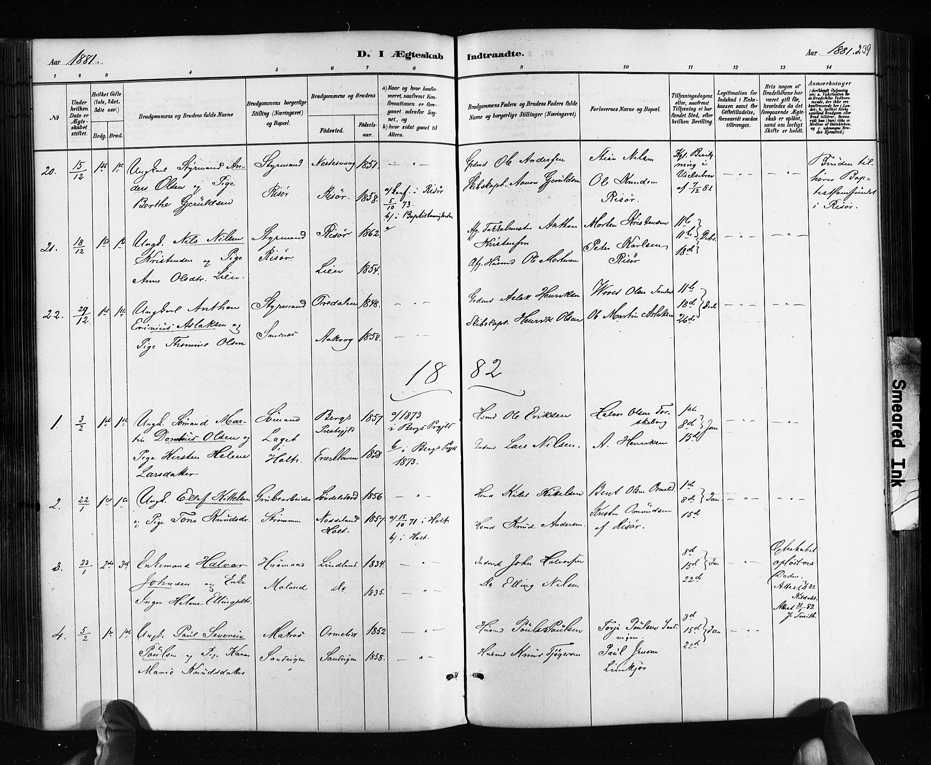 Søndeled sokneprestkontor, AV/SAK-1111-0038/F/Fa/L0004: Parish register (official) no. A 4, 1880-1889, p. 239