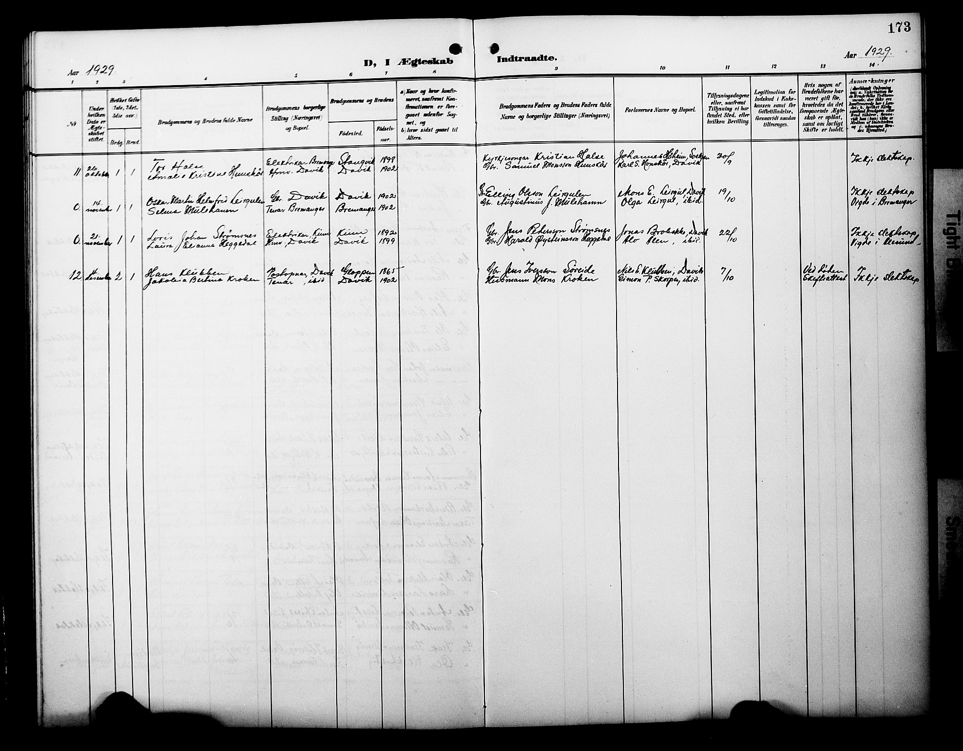 Davik sokneprestembete, SAB/A-79701/H/Hab/Habc/L0003: Parish register (copy) no. C 3, 1907-1929, p. 173