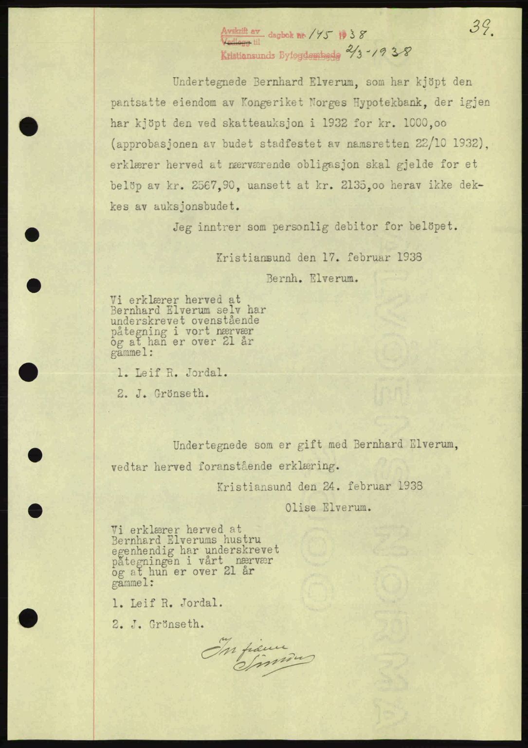 Kristiansund byfogd, SAT/A-4587/A/27: Mortgage book no. 31, 1938-1939, Diary no: : 145/1938