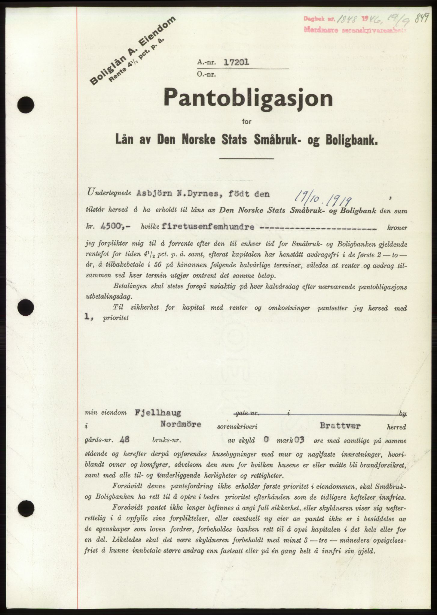 Nordmøre sorenskriveri, AV/SAT-A-4132/1/2/2Ca: Mortgage book no. B94, 1946-1946, Diary no: : 1848/1946