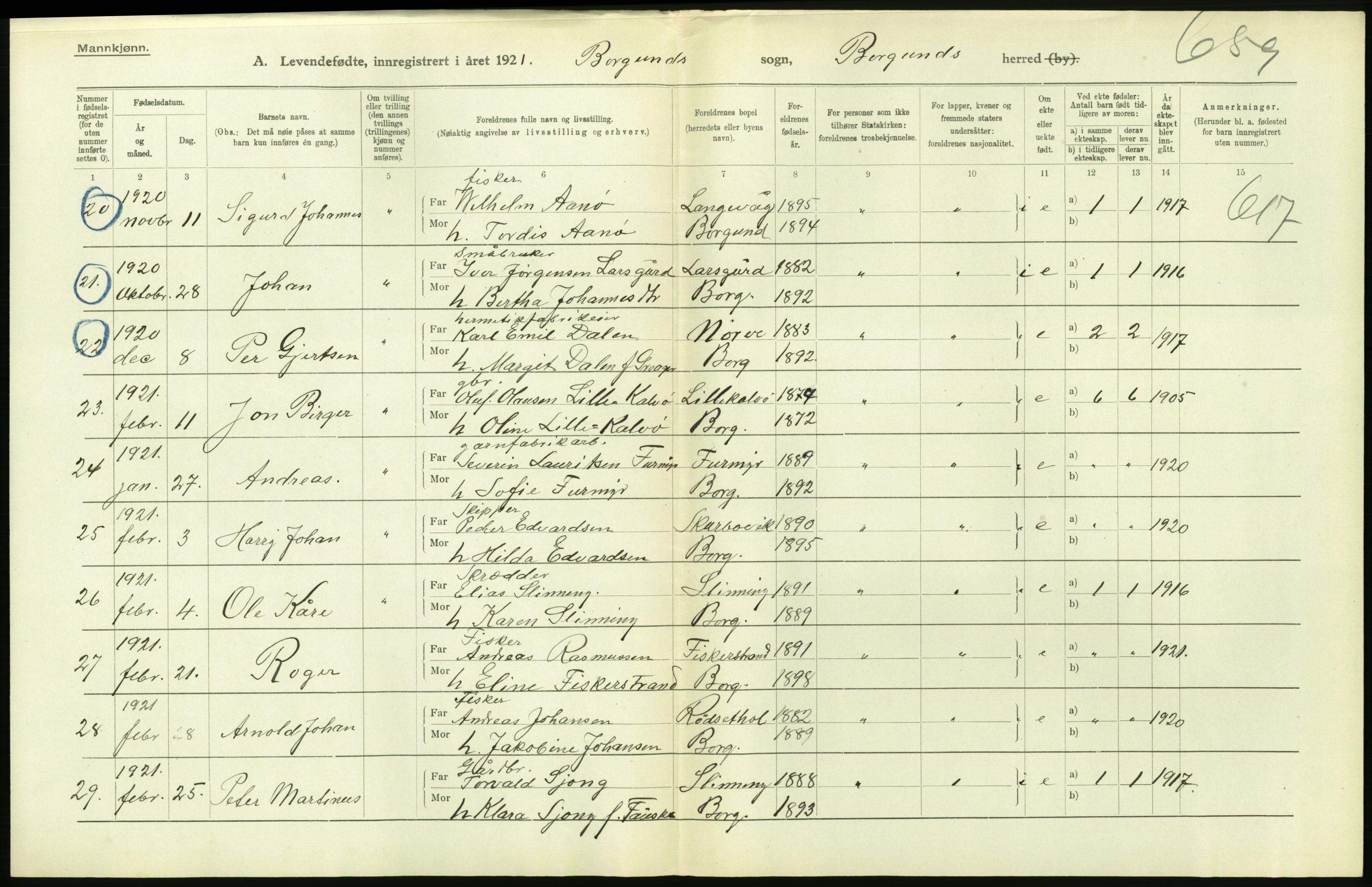 Statistisk sentralbyrå, Sosiodemografiske emner, Befolkning, AV/RA-S-2228/D/Df/Dfc/Dfca/L0040: Møre fylke: Levendefødte menn og kvinner. Bygder., 1921, p. 124