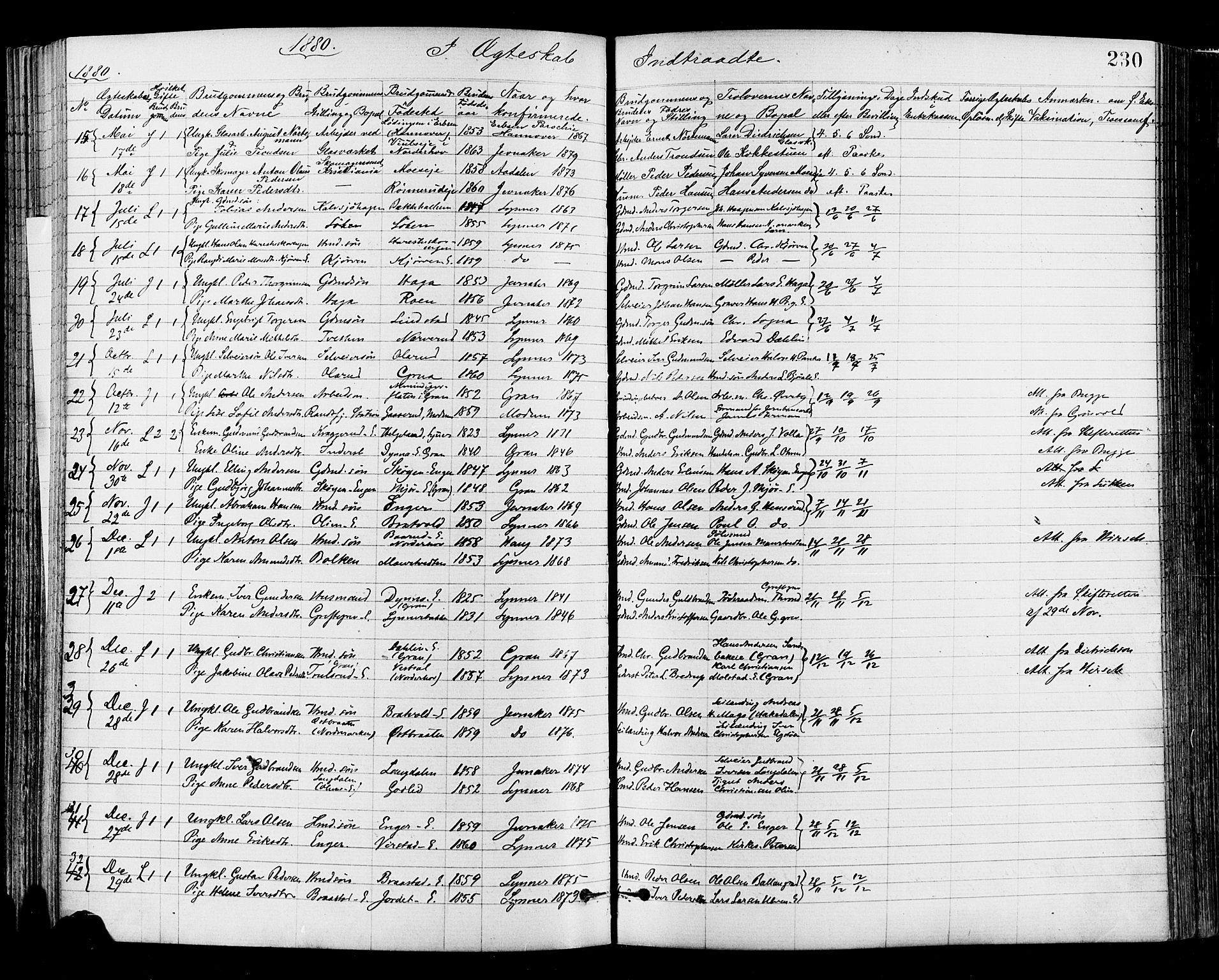 Jevnaker prestekontor, SAH/PREST-116/H/Ha/Haa/L0008: Parish register (official) no. 8, 1877-1890, p. 230