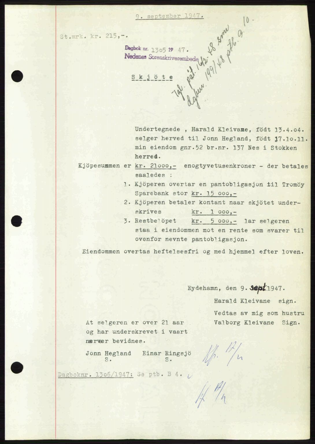 Nedenes sorenskriveri, SAK/1221-0006/G/Gb/Gba/L0058: Mortgage book no. A10, 1947-1948, Diary no: : 1305/1947