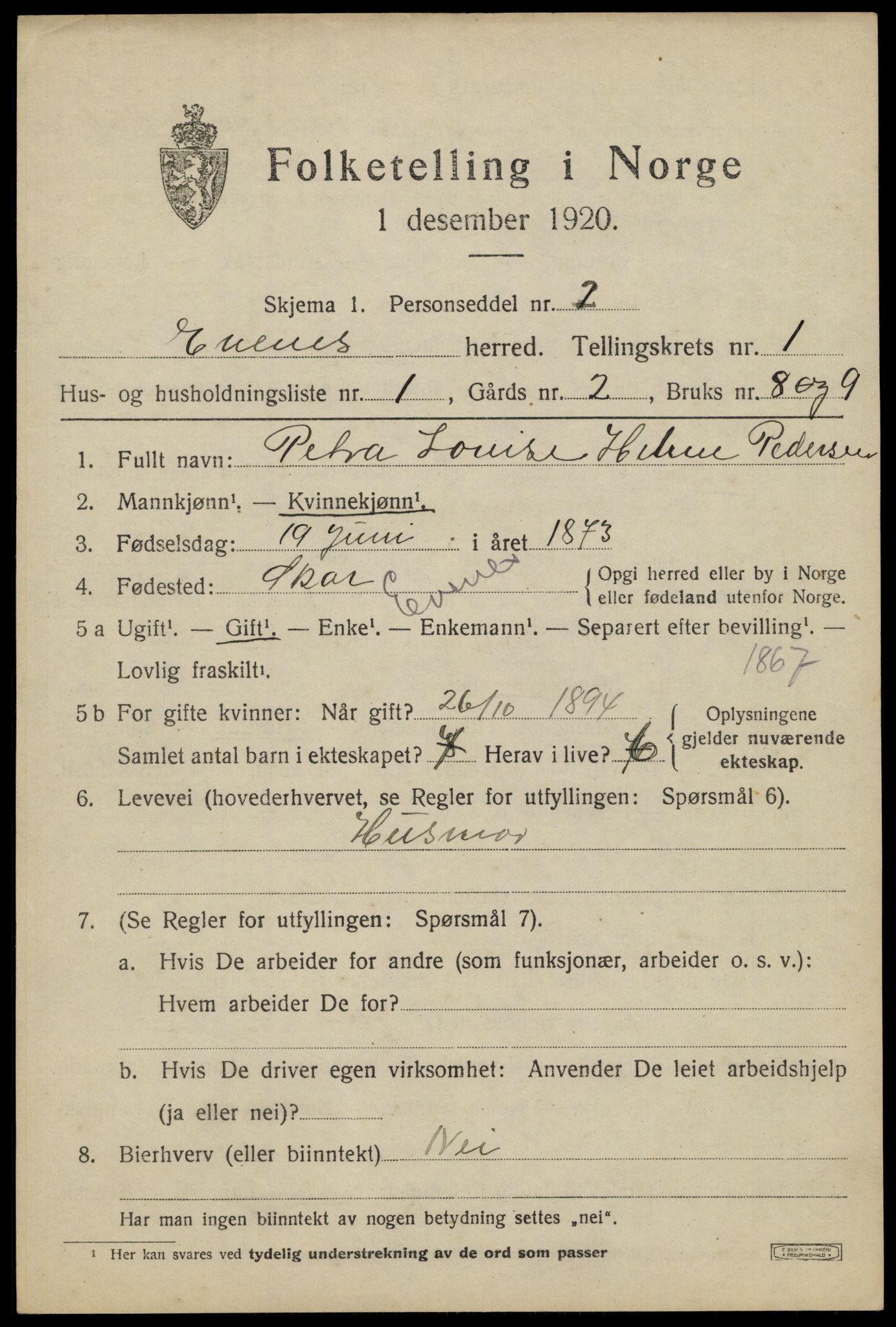 SAT, 1920 census for Evenes, 1920, p. 1738