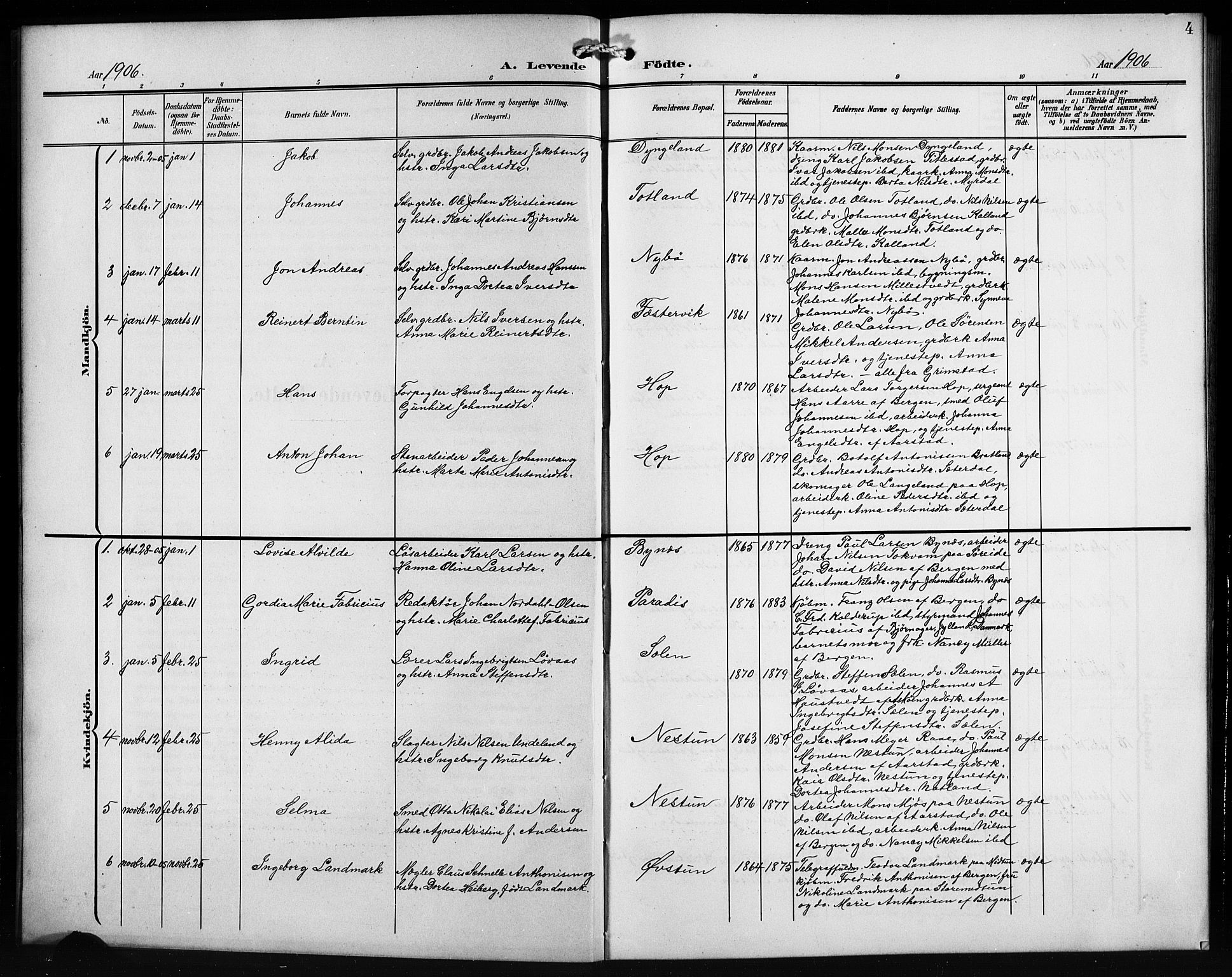 Birkeland Sokneprestembete, AV/SAB-A-74601/H/Hab: Parish register (copy) no. A 6, 1906-1915, p. 4