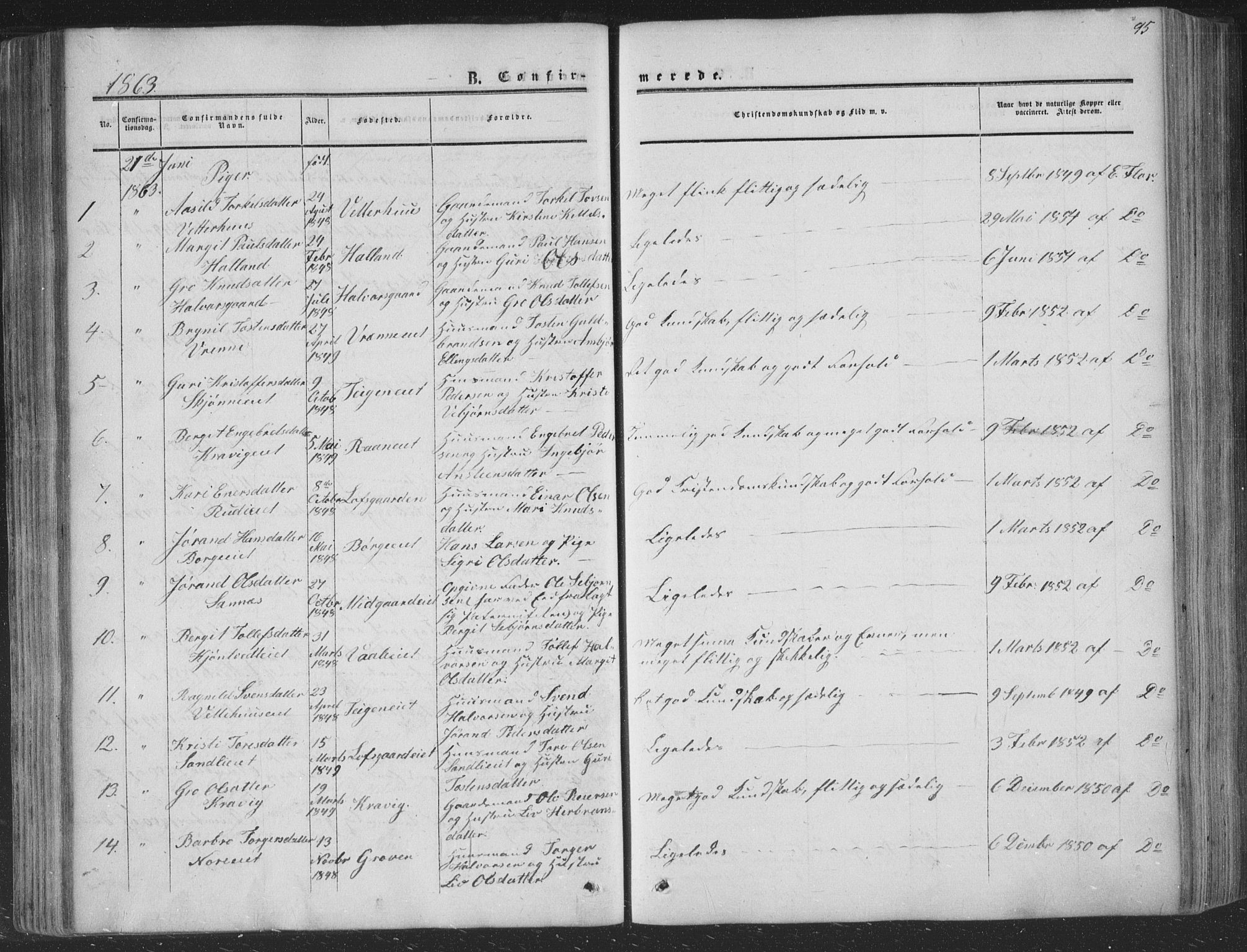 Nore kirkebøker, AV/SAKO-A-238/F/Fa/L0002: Parish register (official) no. I 2, 1856-1871, p. 95