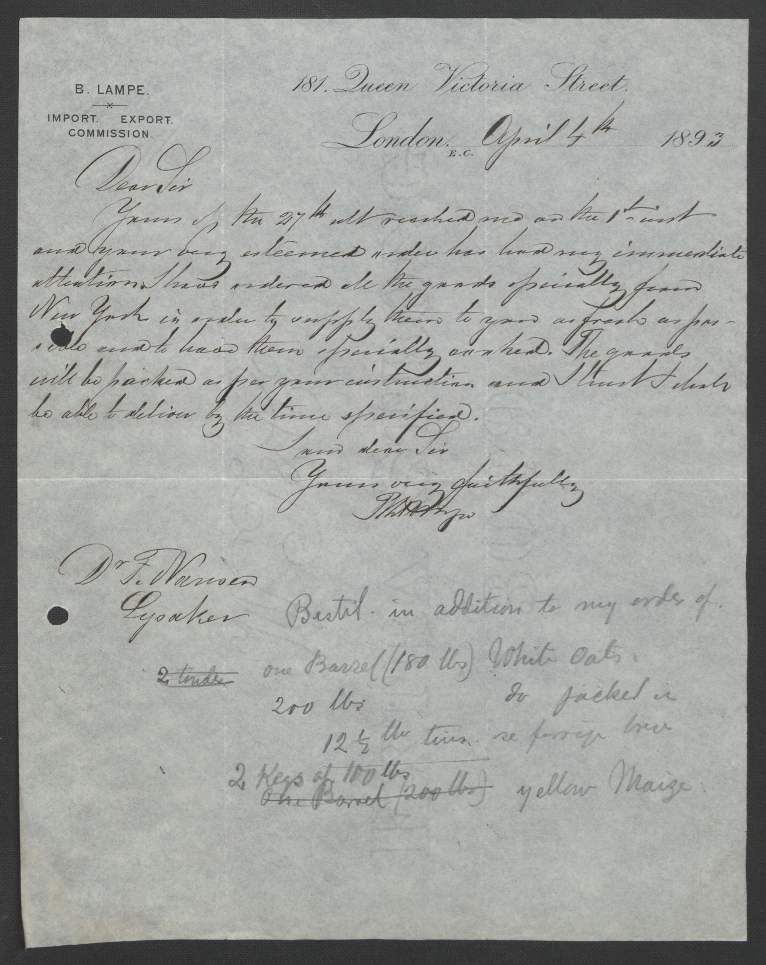 Arbeidskomitéen for Fridtjof Nansens polarekspedisjon, AV/RA-PA-0061/D/L0004: Innk. brev og telegrammer vedr. proviant og utrustning, 1892-1893, p. 730