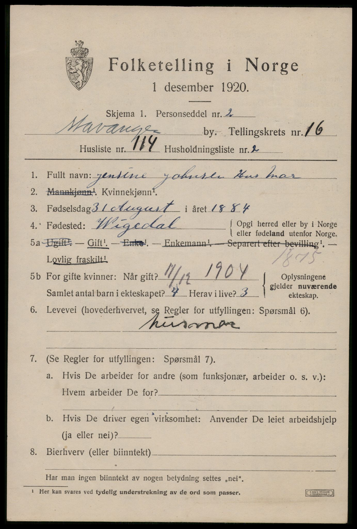 SAST, 1920 census for Stavanger, 1920, p. 65214