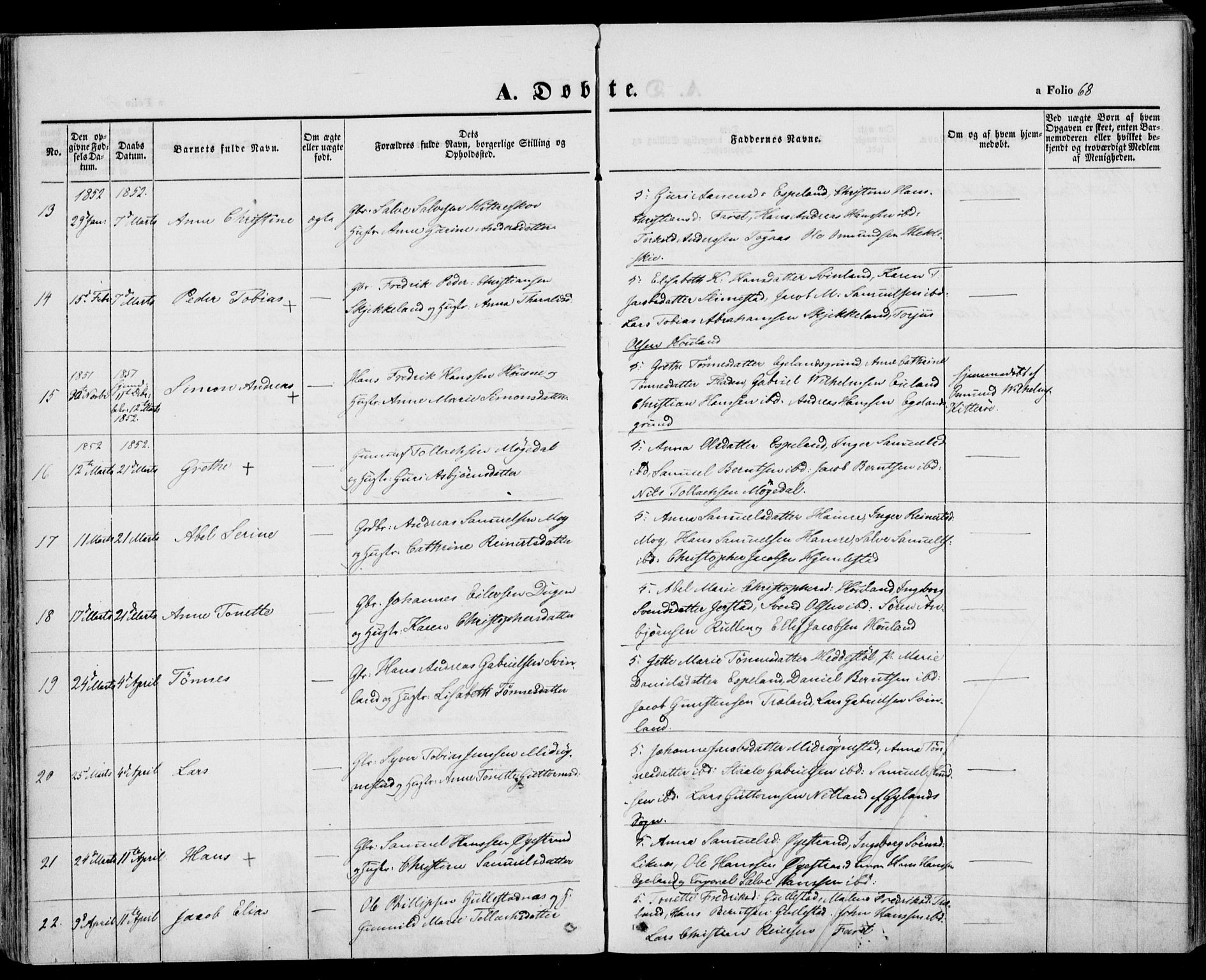 Kvinesdal sokneprestkontor, AV/SAK-1111-0026/F/Fa/Fab/L0005: Parish register (official) no. A 5, 1844-1857, p. 68