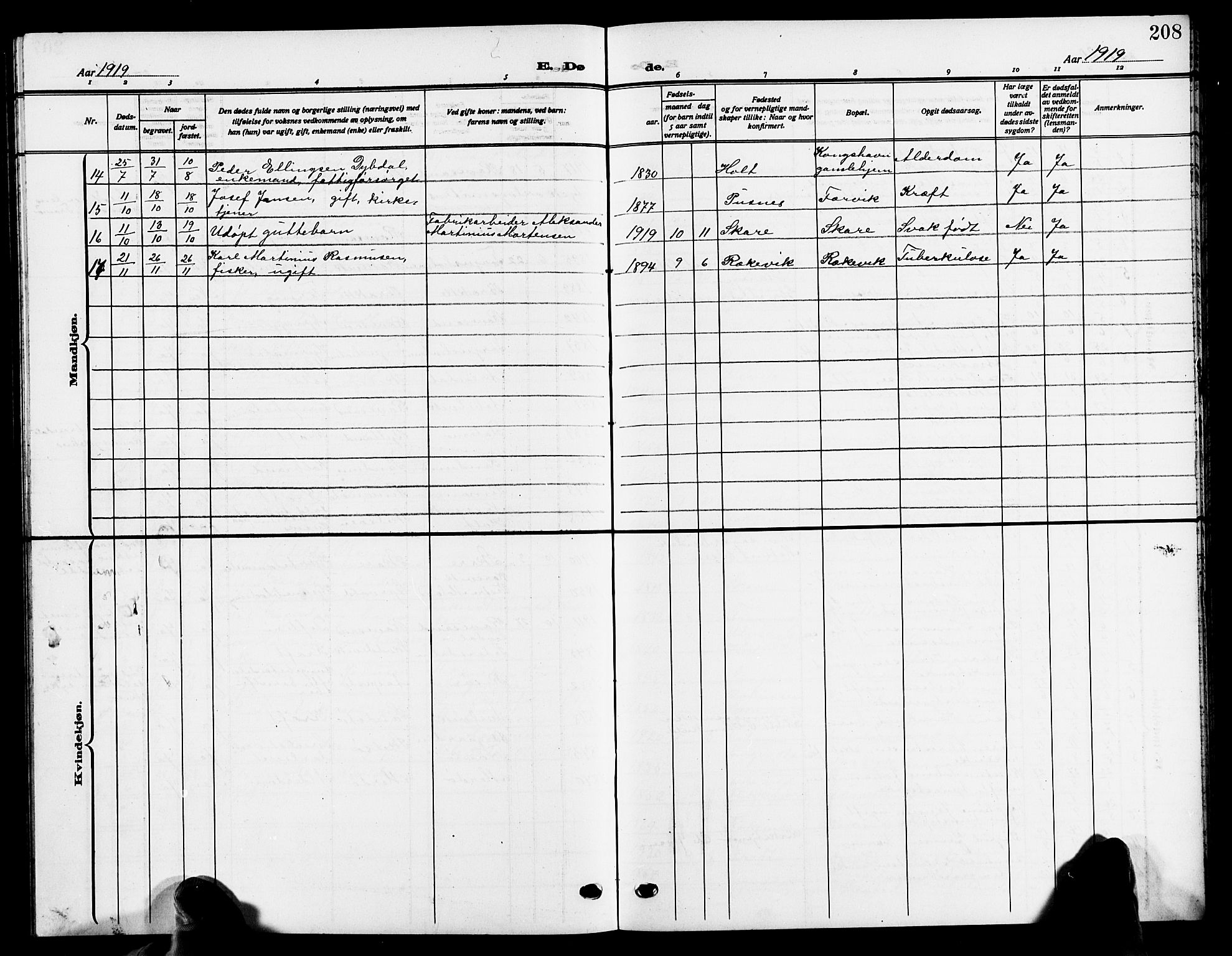 Tromøy sokneprestkontor, SAK/1111-0041/F/Fb/L0007: Parish register (copy) no. B 7, 1908-1925, p. 208