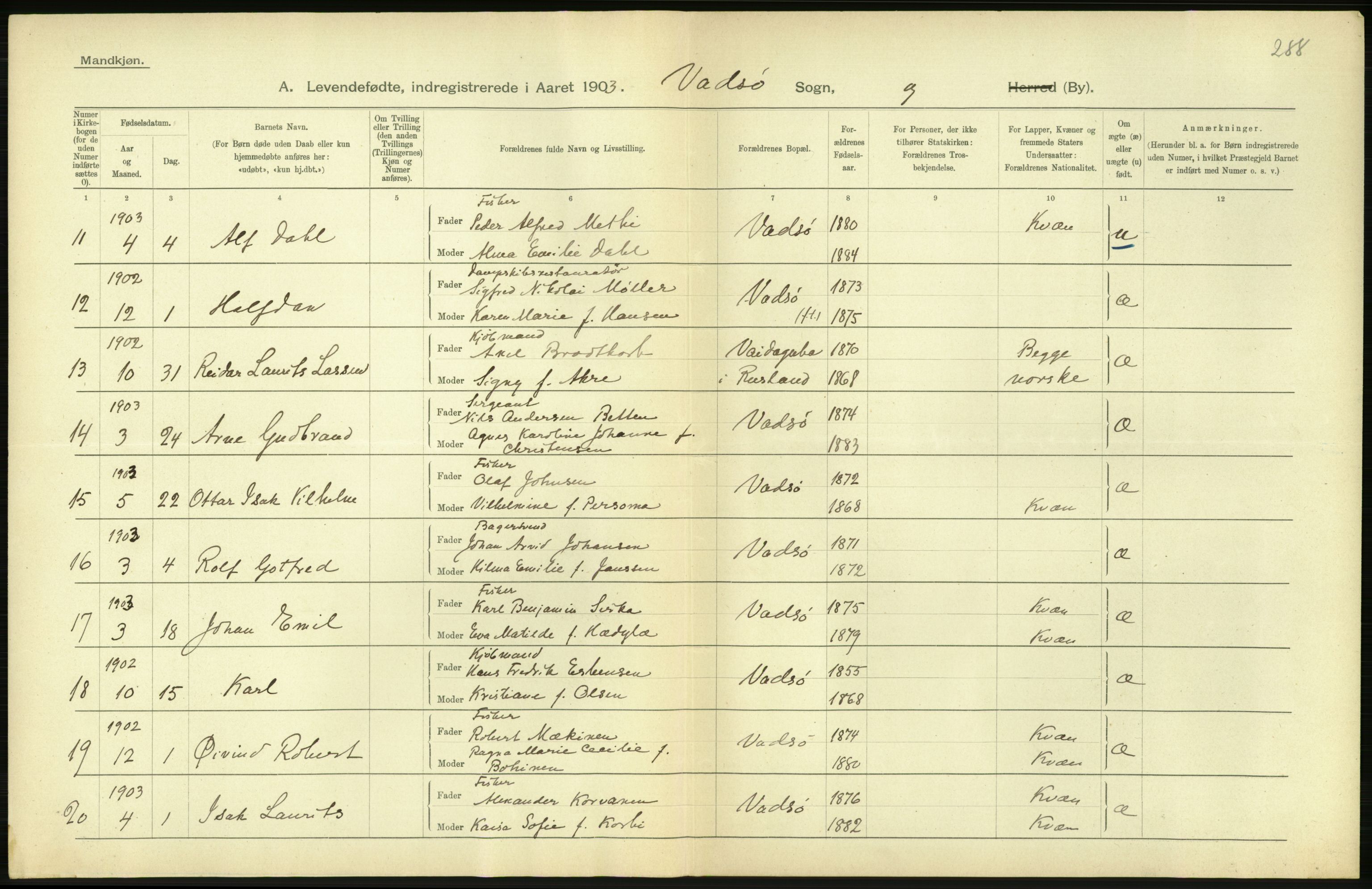 Statistisk sentralbyrå, Sosiodemografiske emner, Befolkning, AV/RA-S-2228/D/Df/Dfa/Dfaa/L0022: Finnmarkens amt: Fødte, gifte, døde., 1903, p. 130