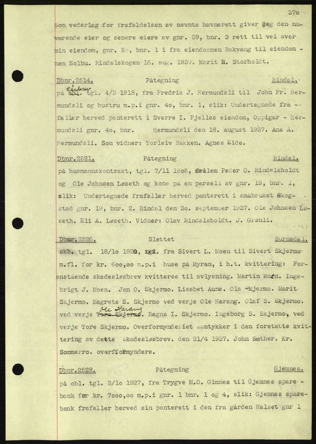 Nordmøre sorenskriveri, AV/SAT-A-4132/1/2/2Ca: Mortgage book no. C80, 1936-1939, Diary no: : 2514/1937